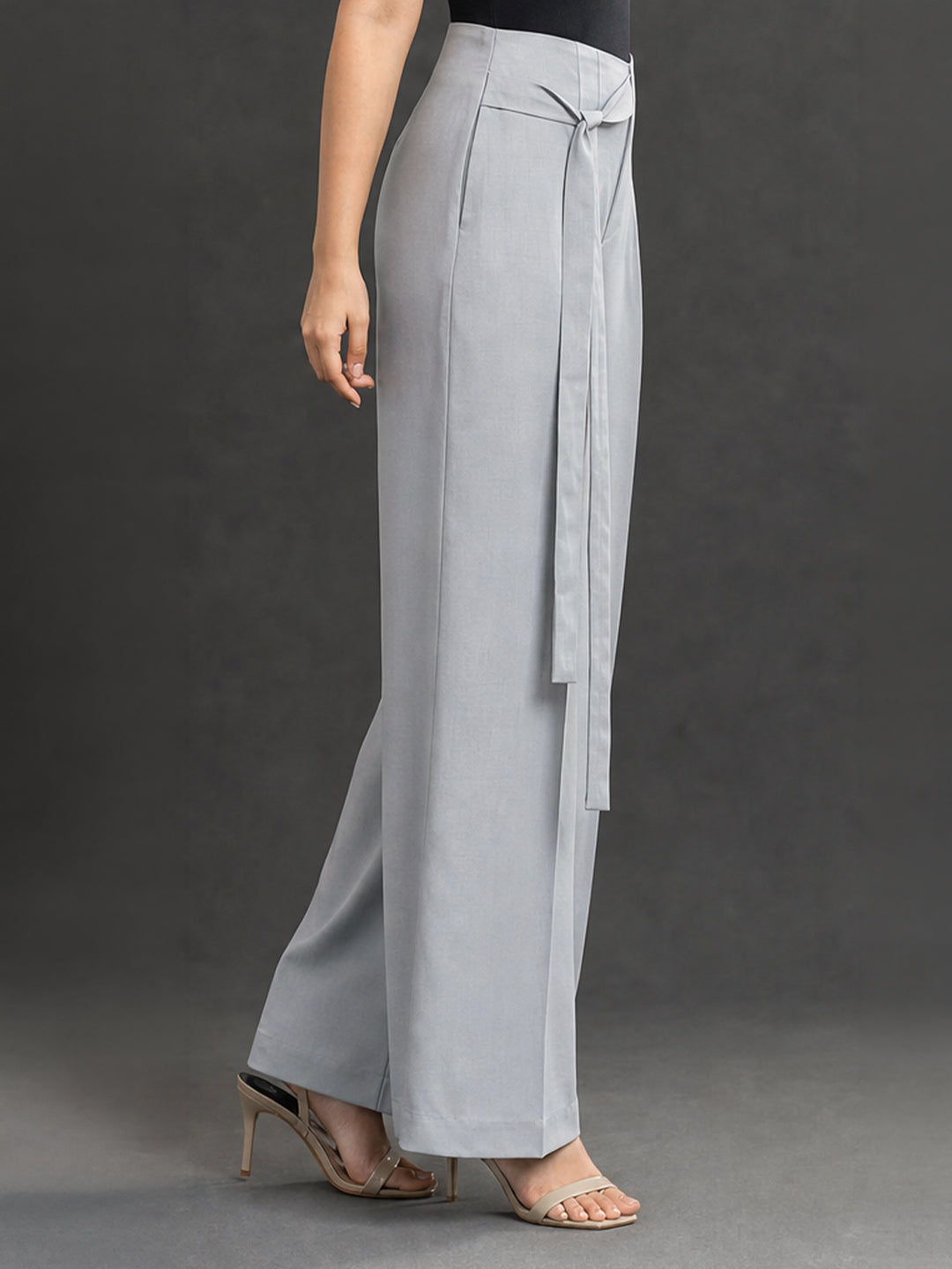 Grey High-Waist Wide Leg Trousers with Tie Belt
