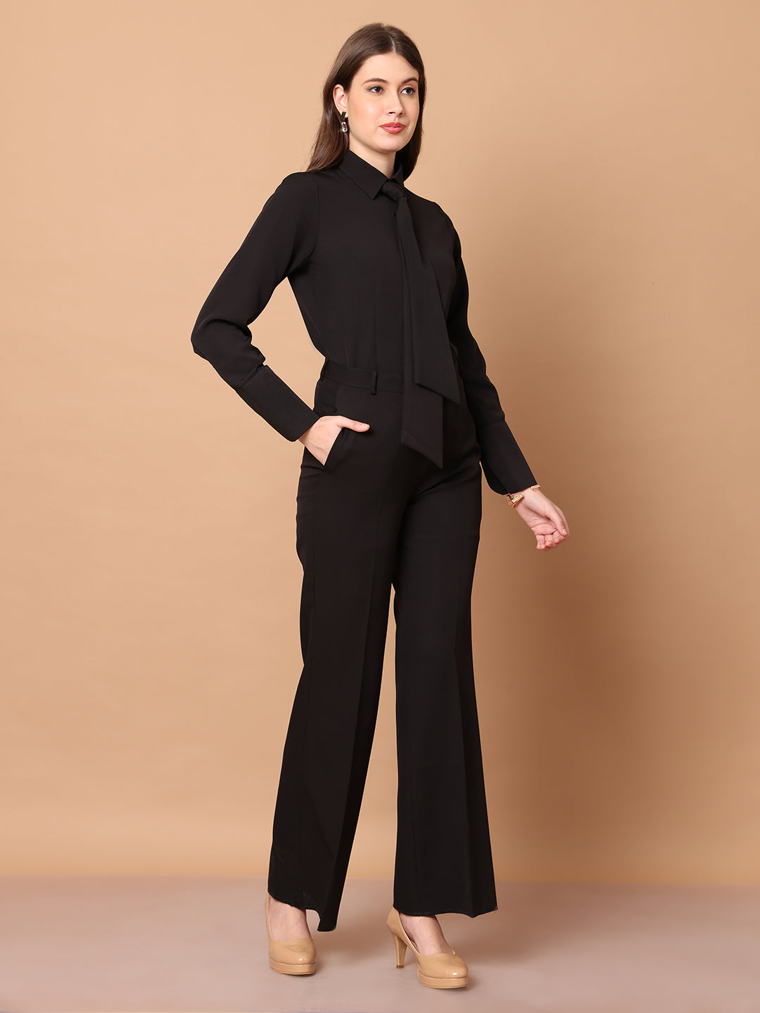 Exude Reign Supreme Shirt with Tie Paired with Matching Bootcut Trouser Black Co-ord Sets