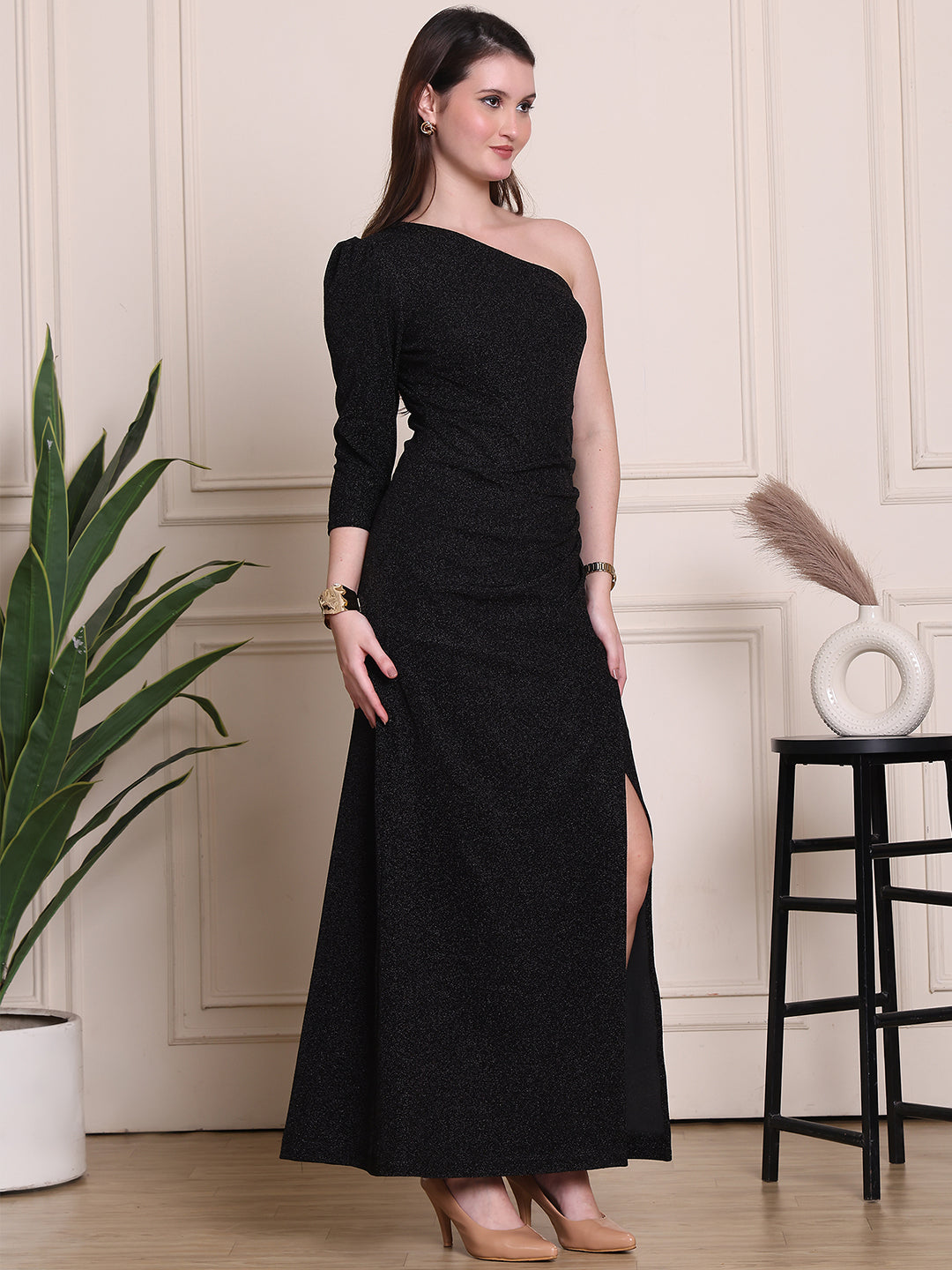 Exude Exquisite Glow Black-Shoulder Gown