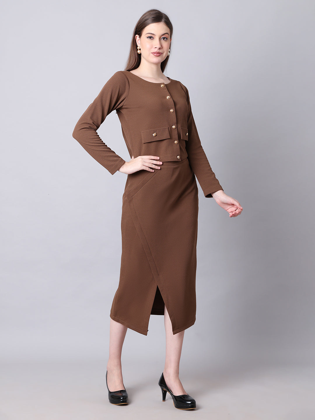 Exude Invincible Crop Blazer Top with Front Slit Midi Skirt Coffee