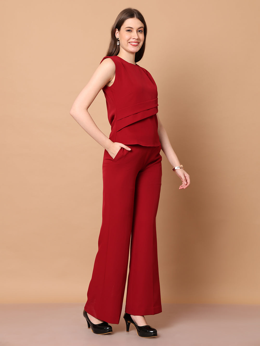 Exude Mystique Moments Shoulder and Side Pleat Top Red Tops