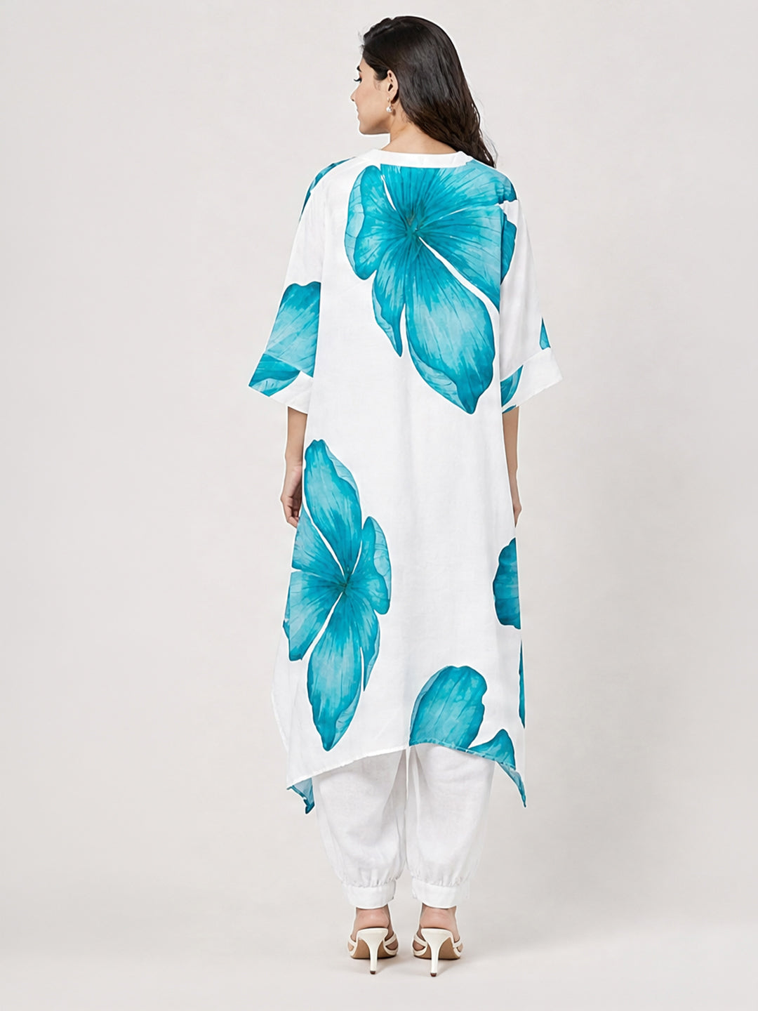 White & Blue Floral Printed Kaftan Co-Ord Set