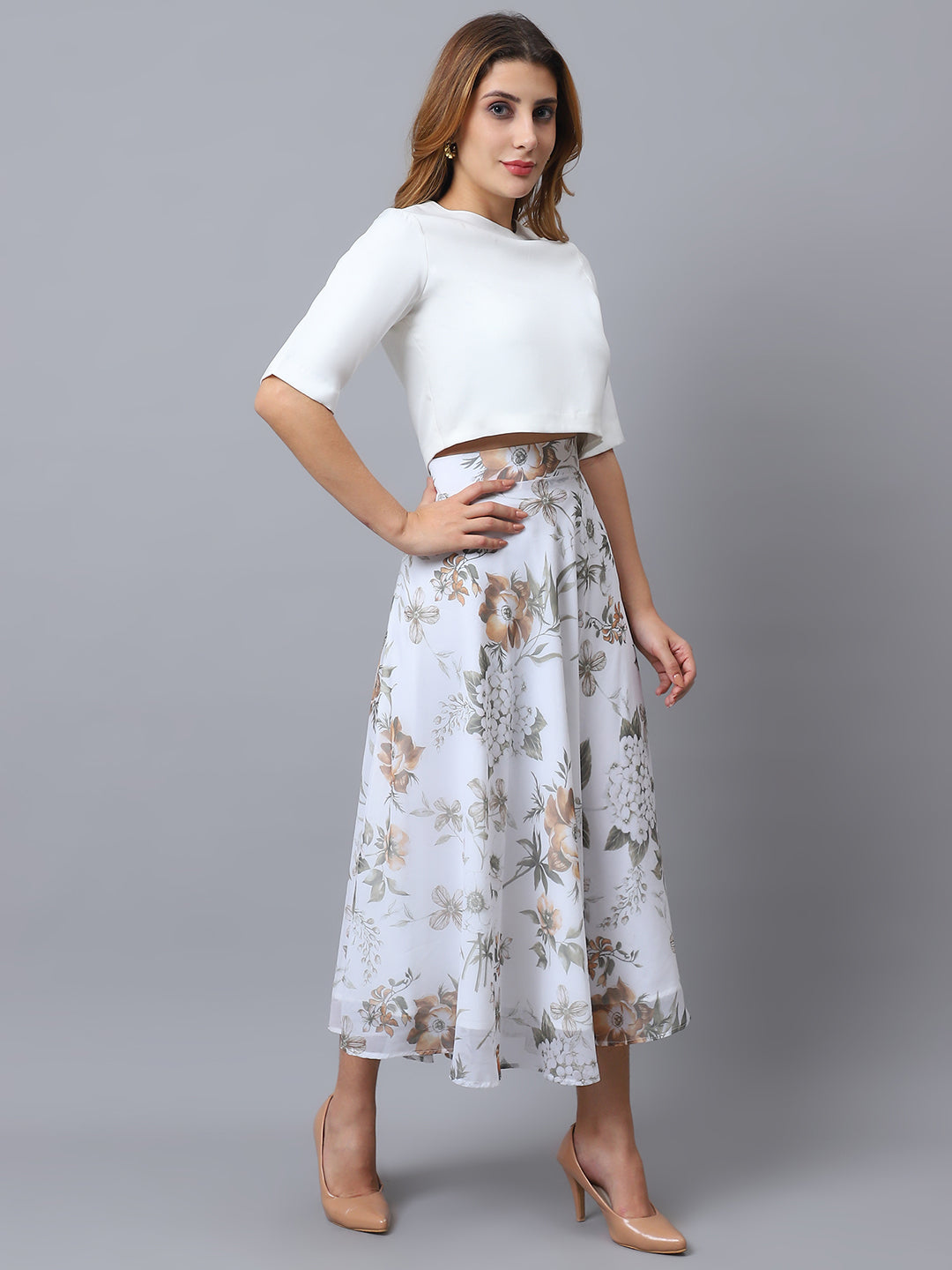 Exude White Bloom Co-ord with Skirt and Top
