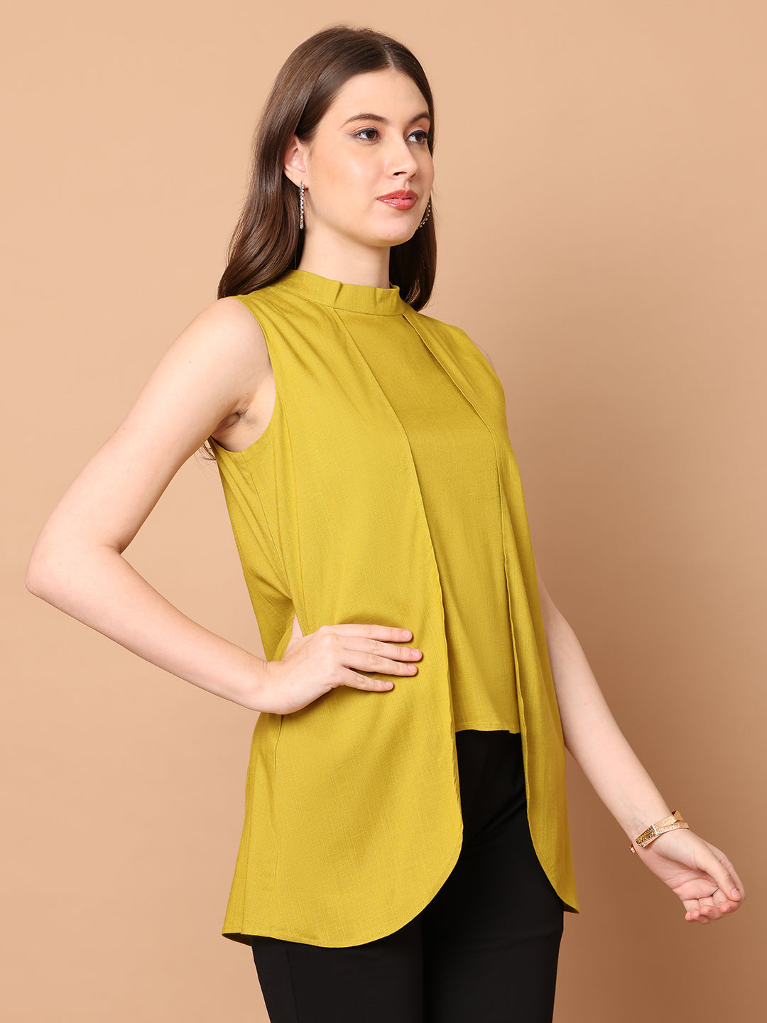 Exude Striking Silhouettes High Neck Layered Top Lime Tops