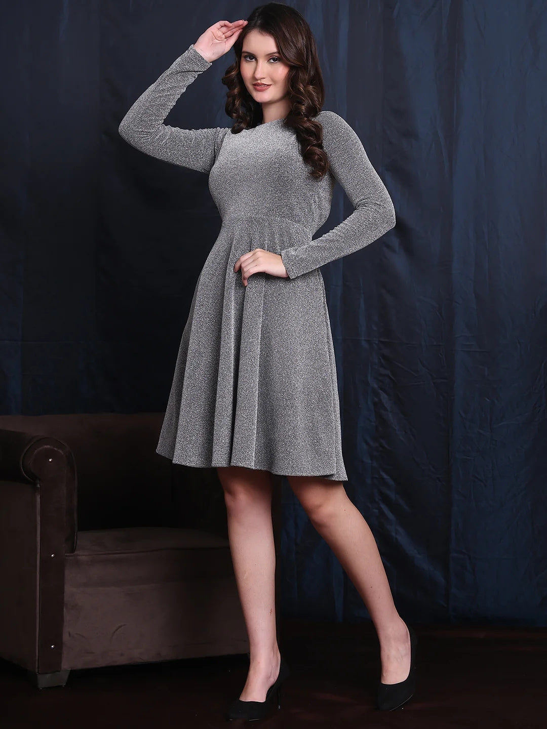Exude Gilded Dreams Silver Glitter Backless A-line Dress, Padded comfort Silver Matte