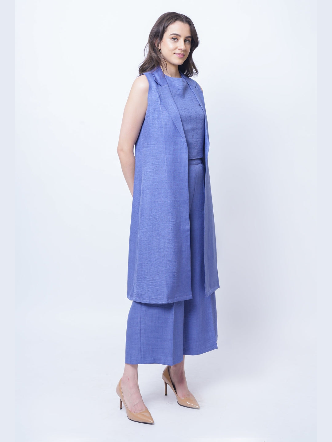 Exude Lustrous Long Jacket , Top with Wide Leg Trouser Twill Blue Co-ord Sets