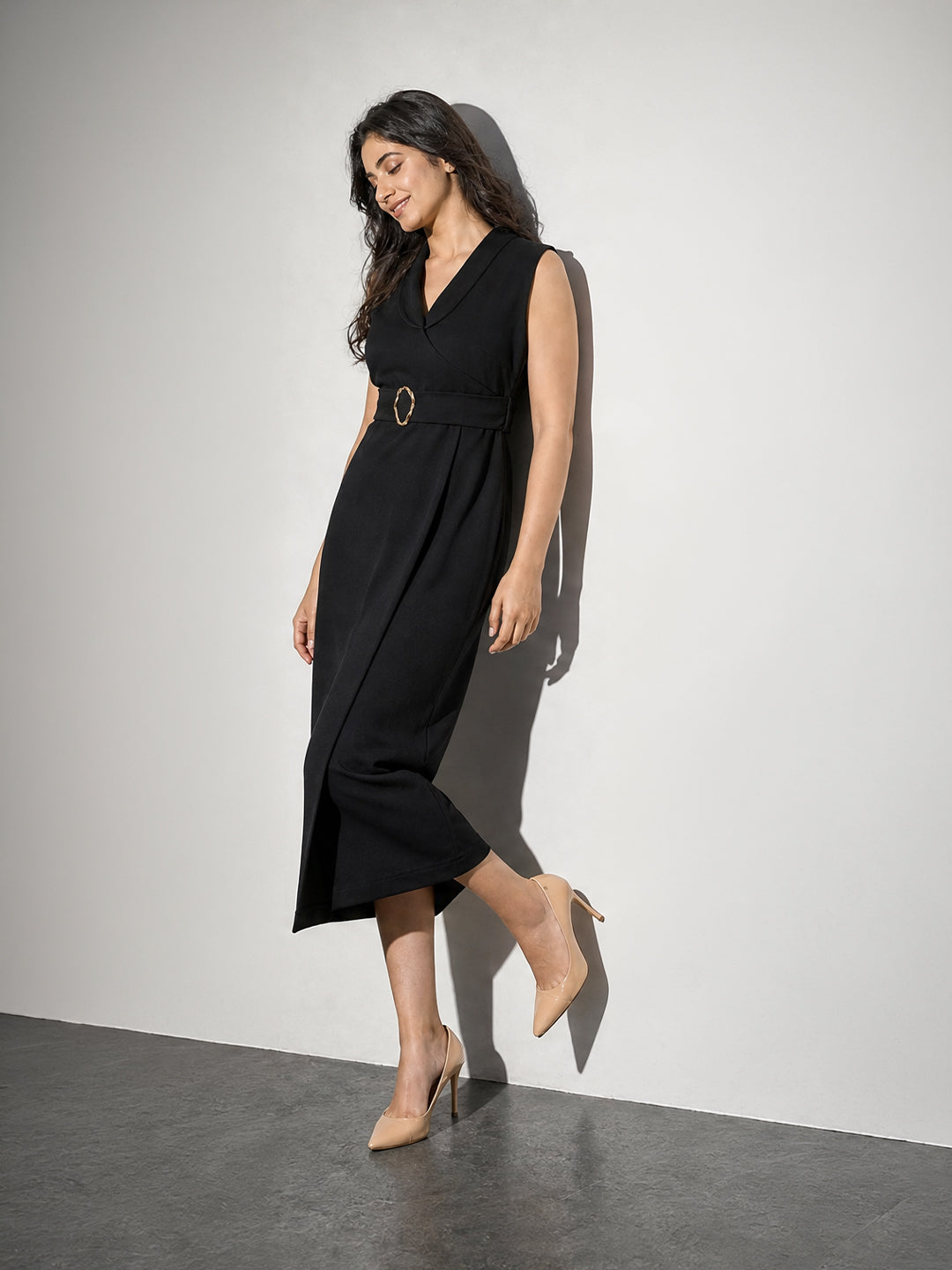 Noir Shawl-Collar Belted Wrap Dress