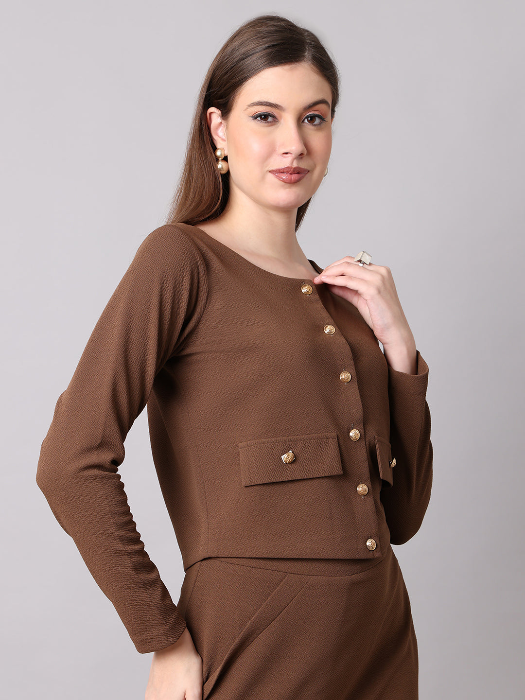 Exude Enchanting Button-down Crop Blazer Coffee Blazers