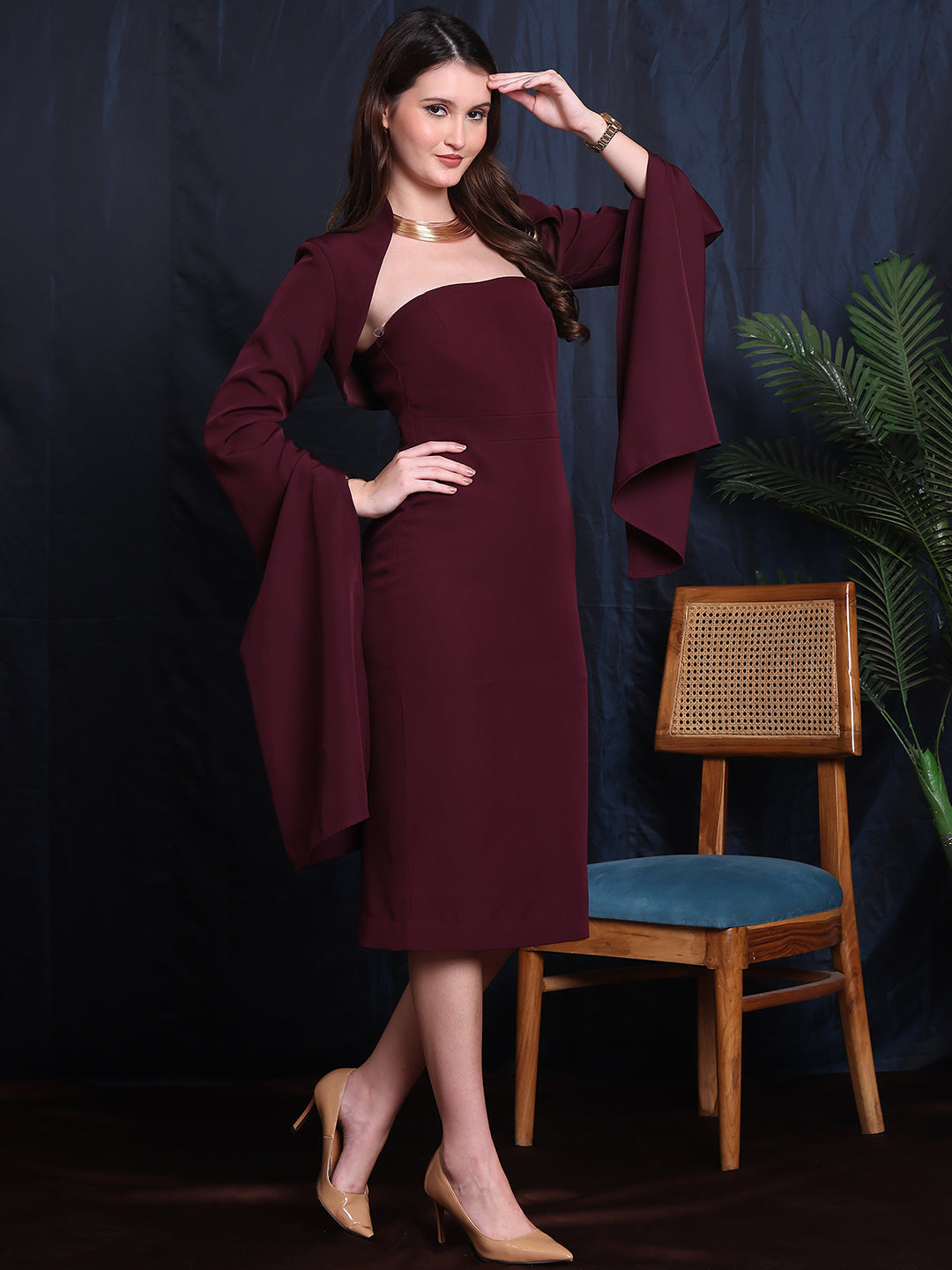 Exude Cosmic Couture 2 Piece Dress Set, Midi Dress With Shrug Blazer Wine