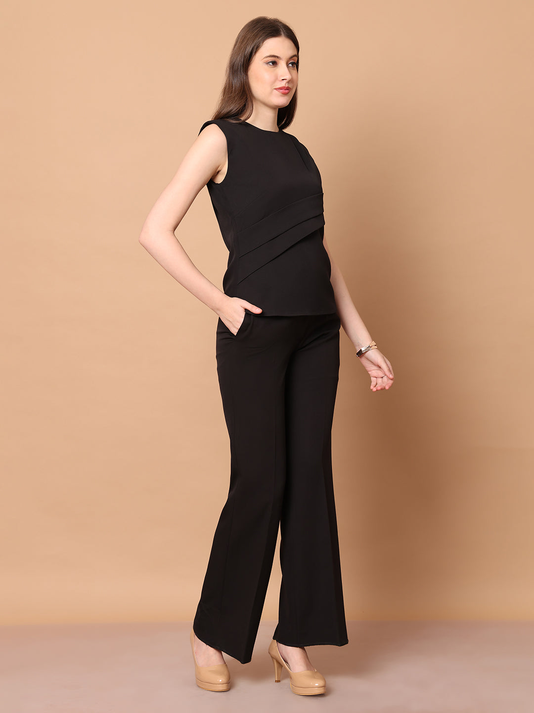Exude Power in Motion Side and Shoulder Pleat Top Paired with Bootcut Trousers Black Trousers