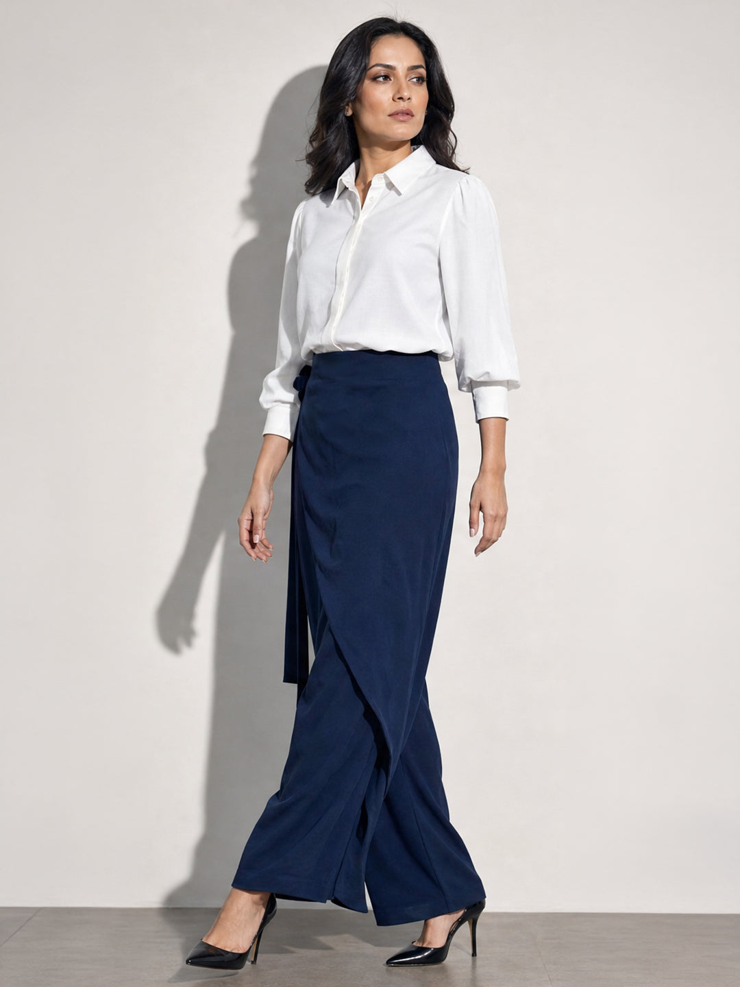 White Blouse & Navy Wrap Skirt Co-ord Set
