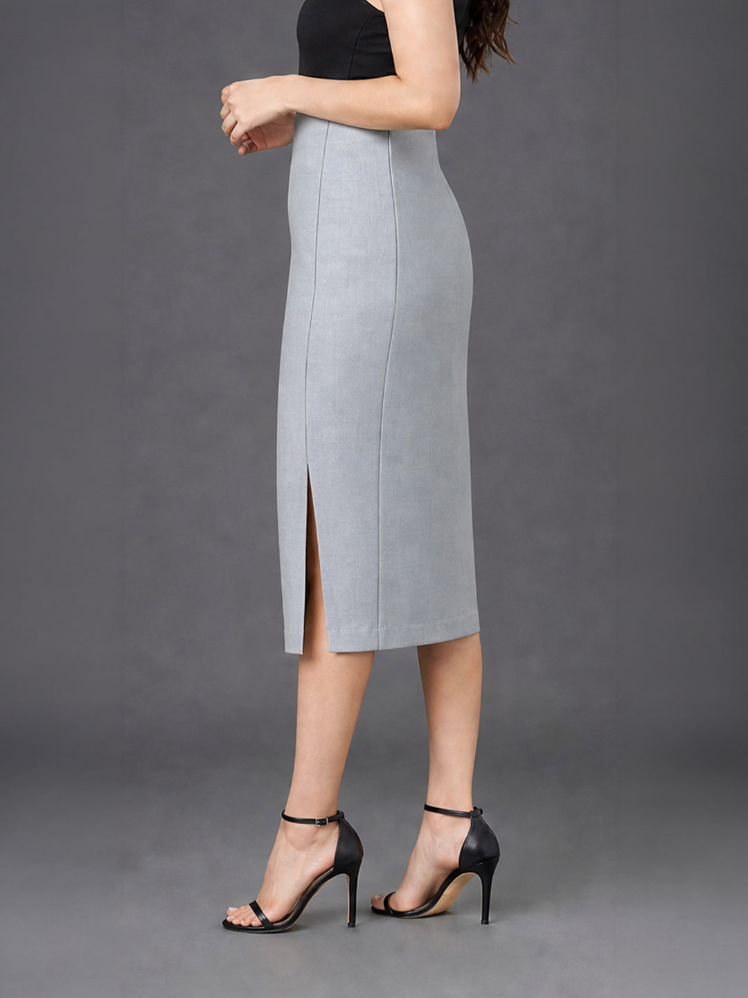 Grey High-Waist Midi Pencil Skirt with Front Slit