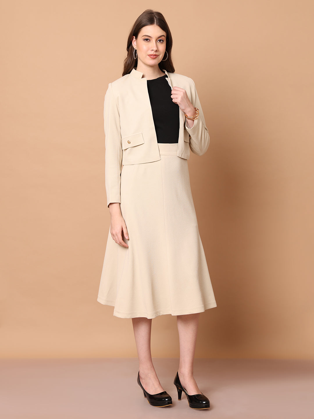 Exude Exuberant Mandarin Collar Blazer with Midi A-line Skirt Beige