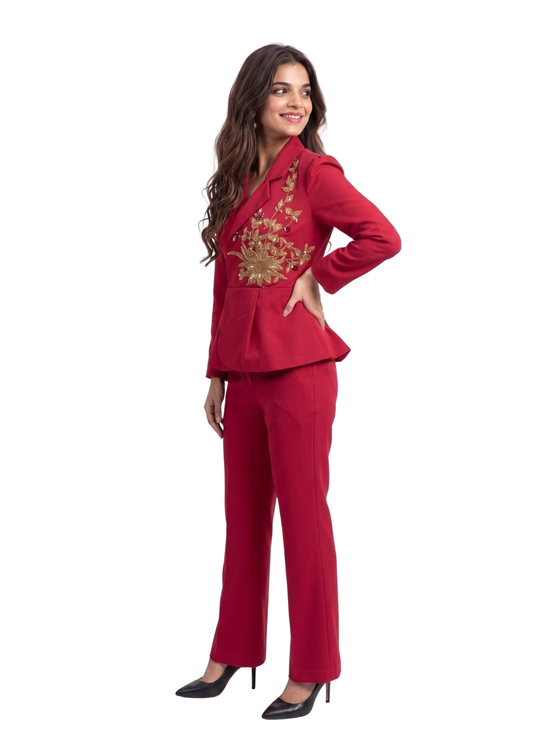 Exude Scarlet Bloom Embroidered Blazer Set
