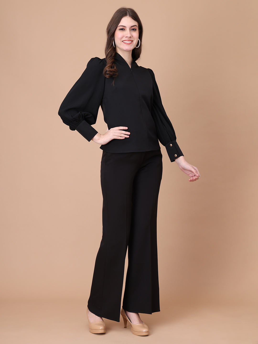 Exude Whimsical Wonders Dramatic Puff Sleeve Top with Front Zip (Black)