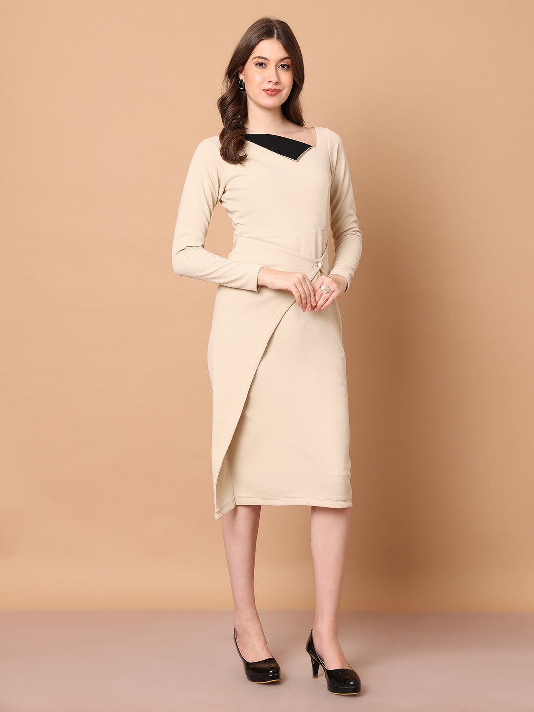 Exude Feminine Flair Front Fold Wrap Dress Beige Dresses