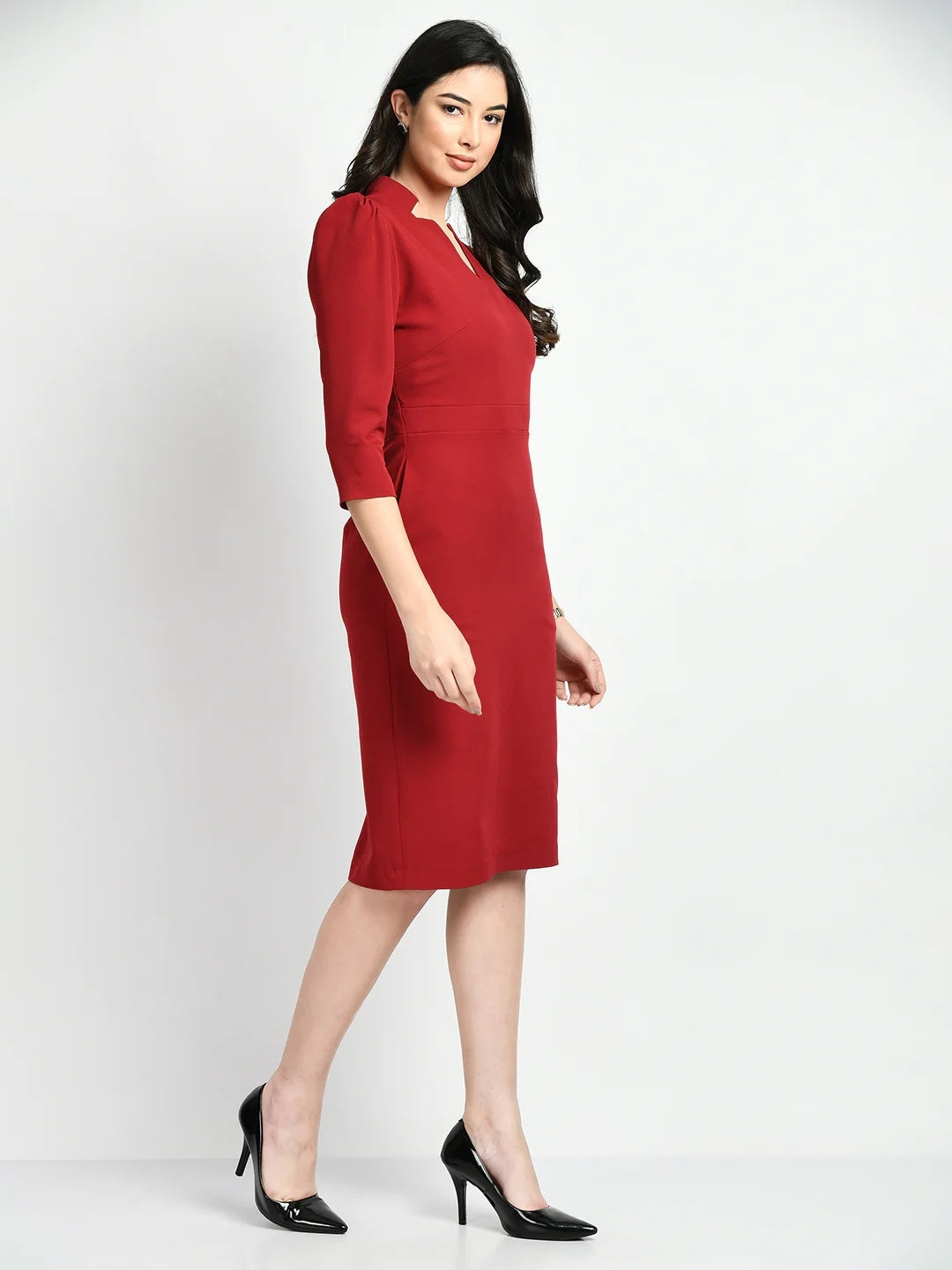 Exude Grace Puff Sleeves Sheath Dress Red Dresses