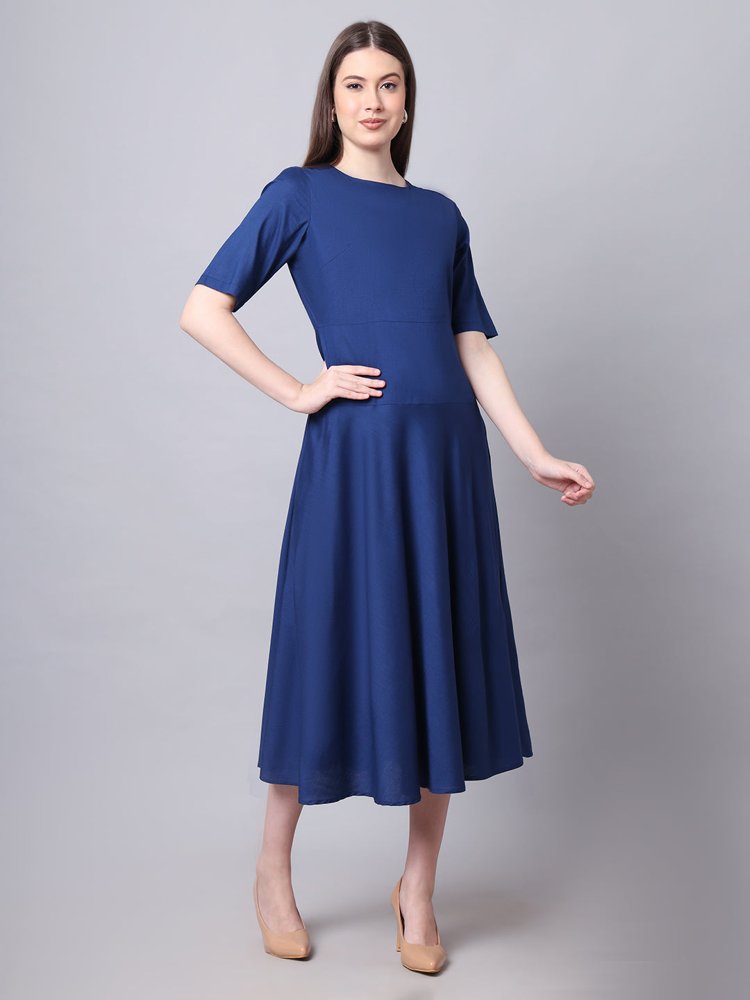 Exude Resilient Radiance Midi Flare Dress with Sleeves Navy Dresses