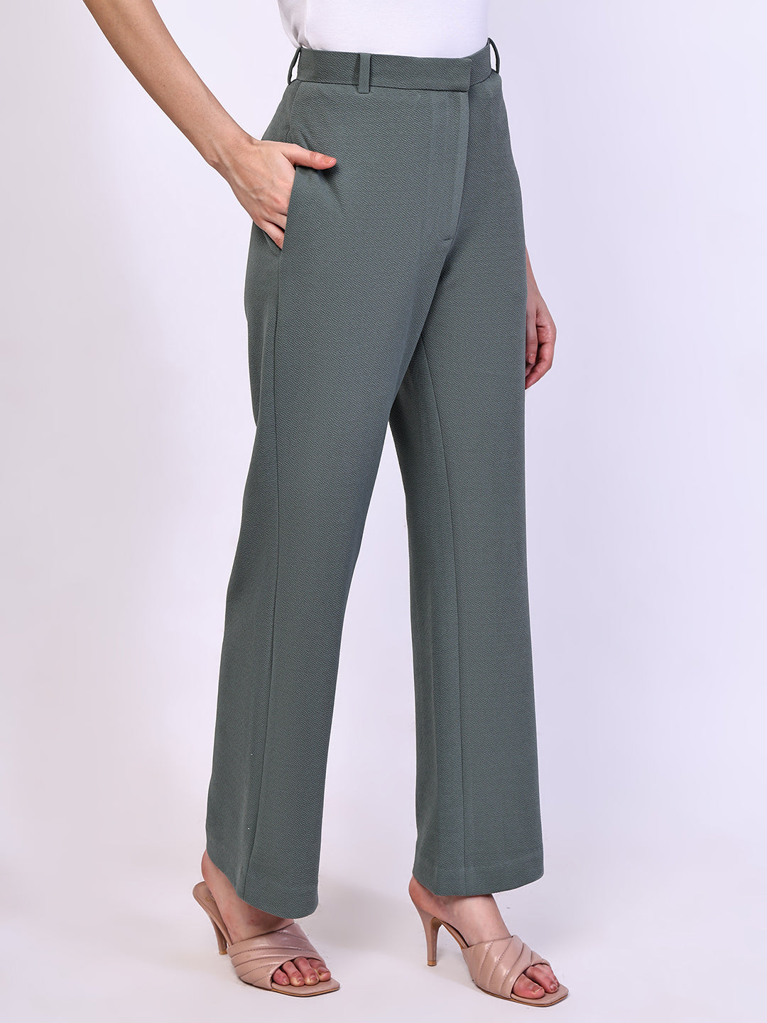 Exude Timeless Threads Straight Fit Trousers with Pockets Pista Green Trousers