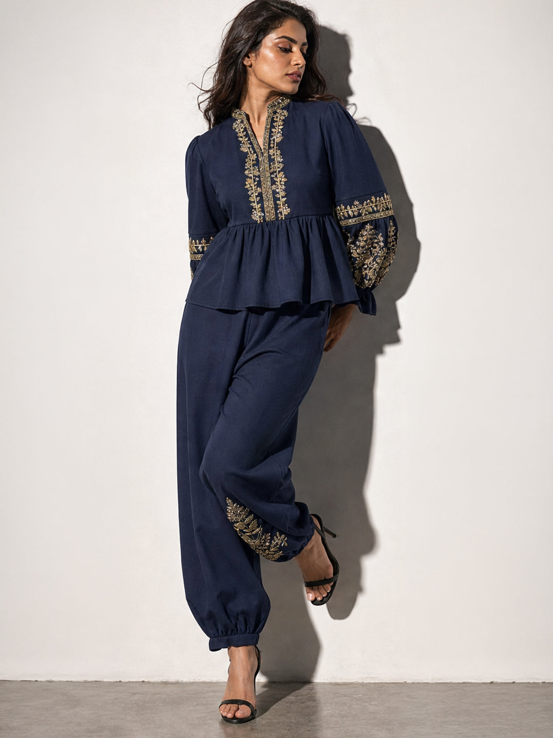 Navy Blue Embroidered Peplum Top & Pants Co-ord Set