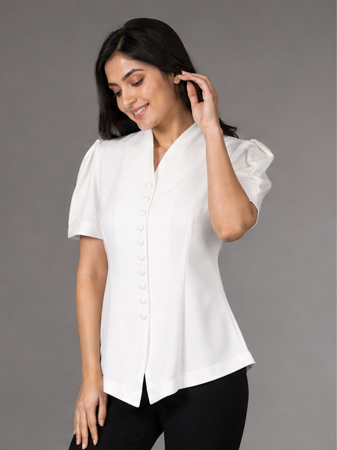 White Puff Sleeve V-Neck Button-Down Cinched waist Top