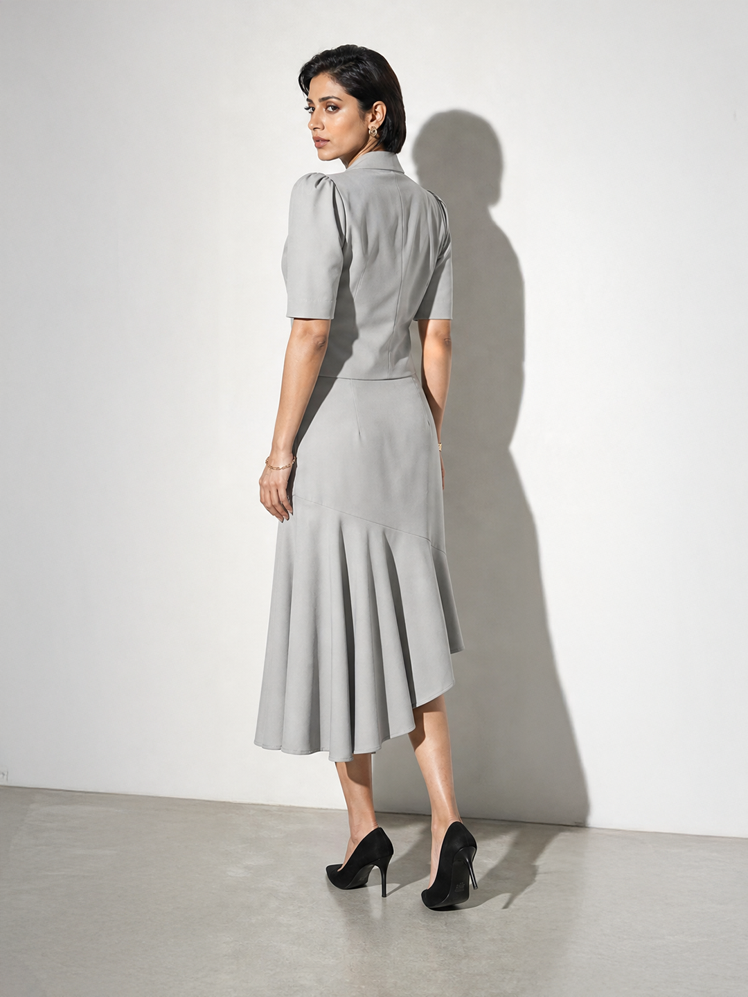 Exude Sunbeam Blazer Top with A-Symmetrical Skirt (Grey)