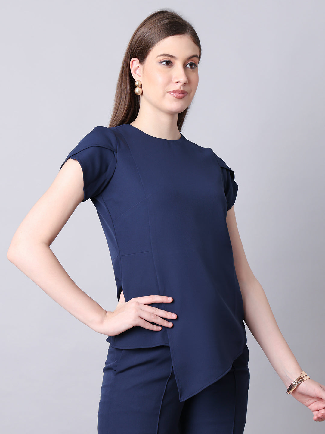 Exude Elysian Essence Asymmetrical Top with Cap Sleeves Navy Tops