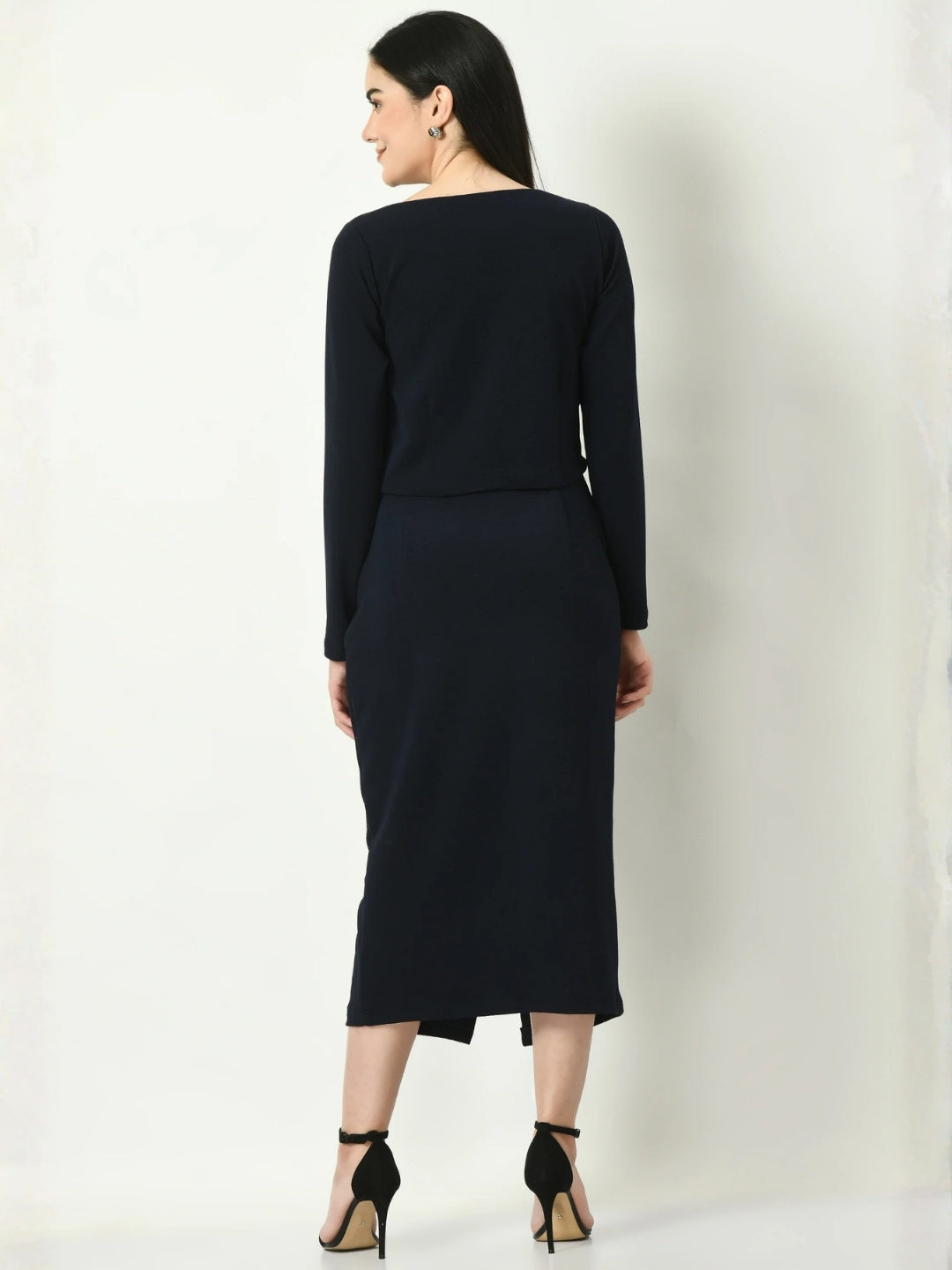 Exude Euphoria Pencil Midi Skirt with Front Slit Navy Skirts