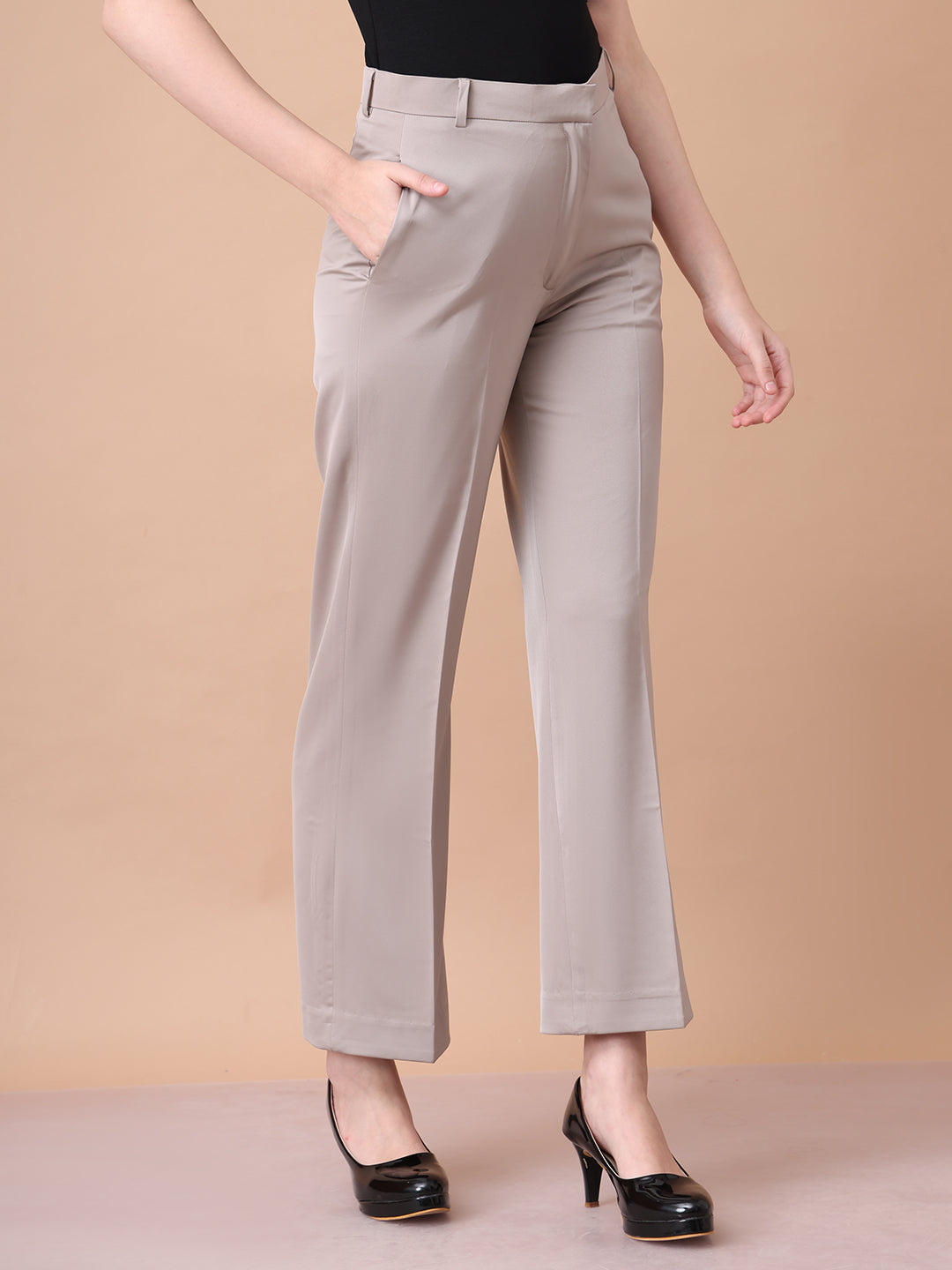 Exude Soulful Styles Straight Fit Matt Satin Trouser Light Beige Trouser