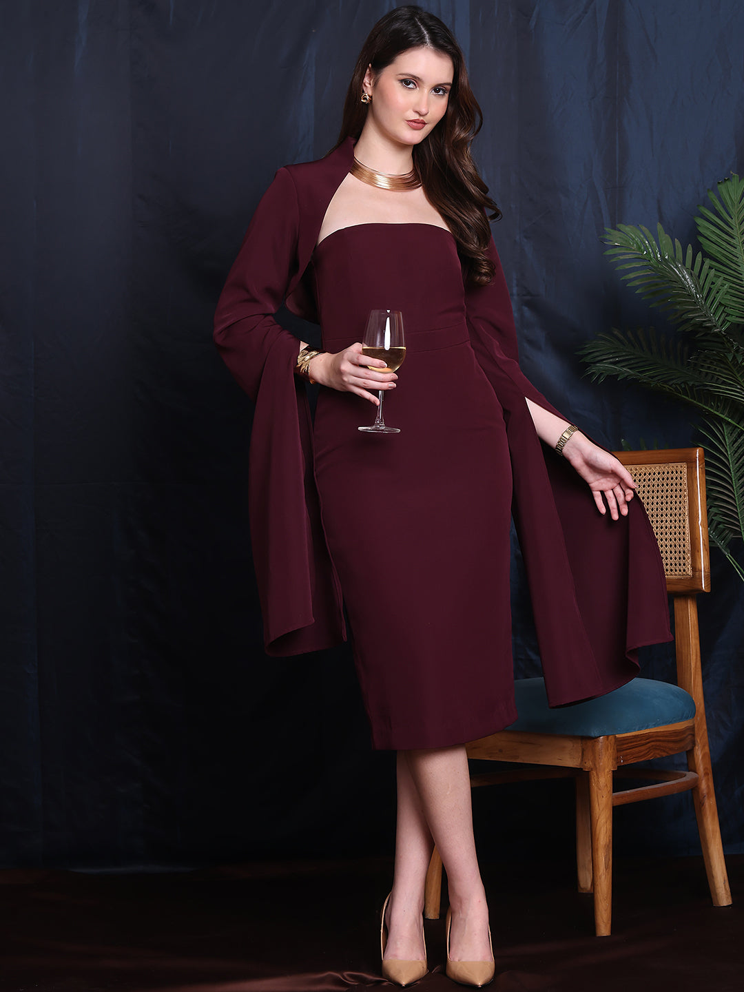 Exude Cosmic Couture 2 Piece Dress Set, Midi Dress With Shrug Blazer Wine