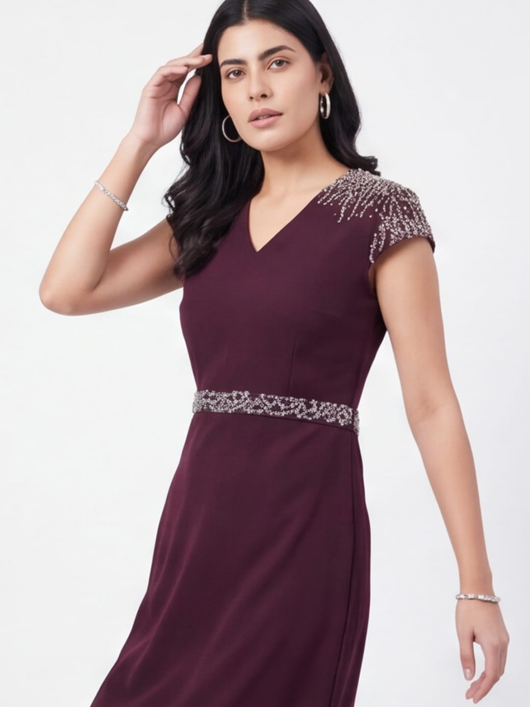 Wine Grace Embellished Midi Dress