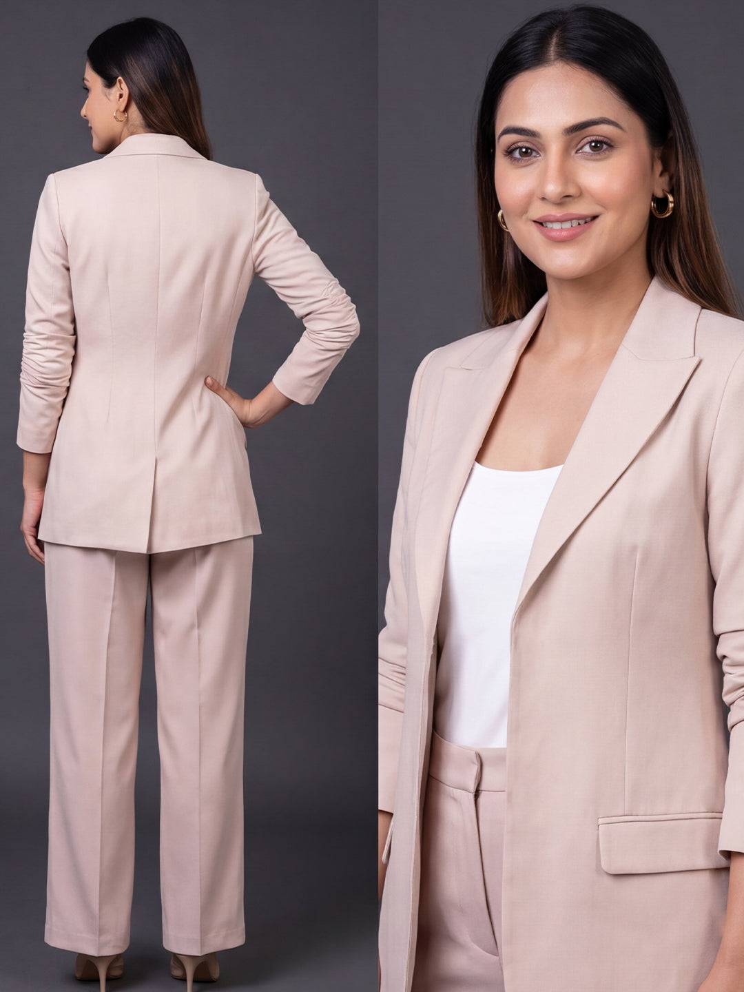 Exude Beige Linen Blazer & Wide-Leg Trouser Co-ord Set