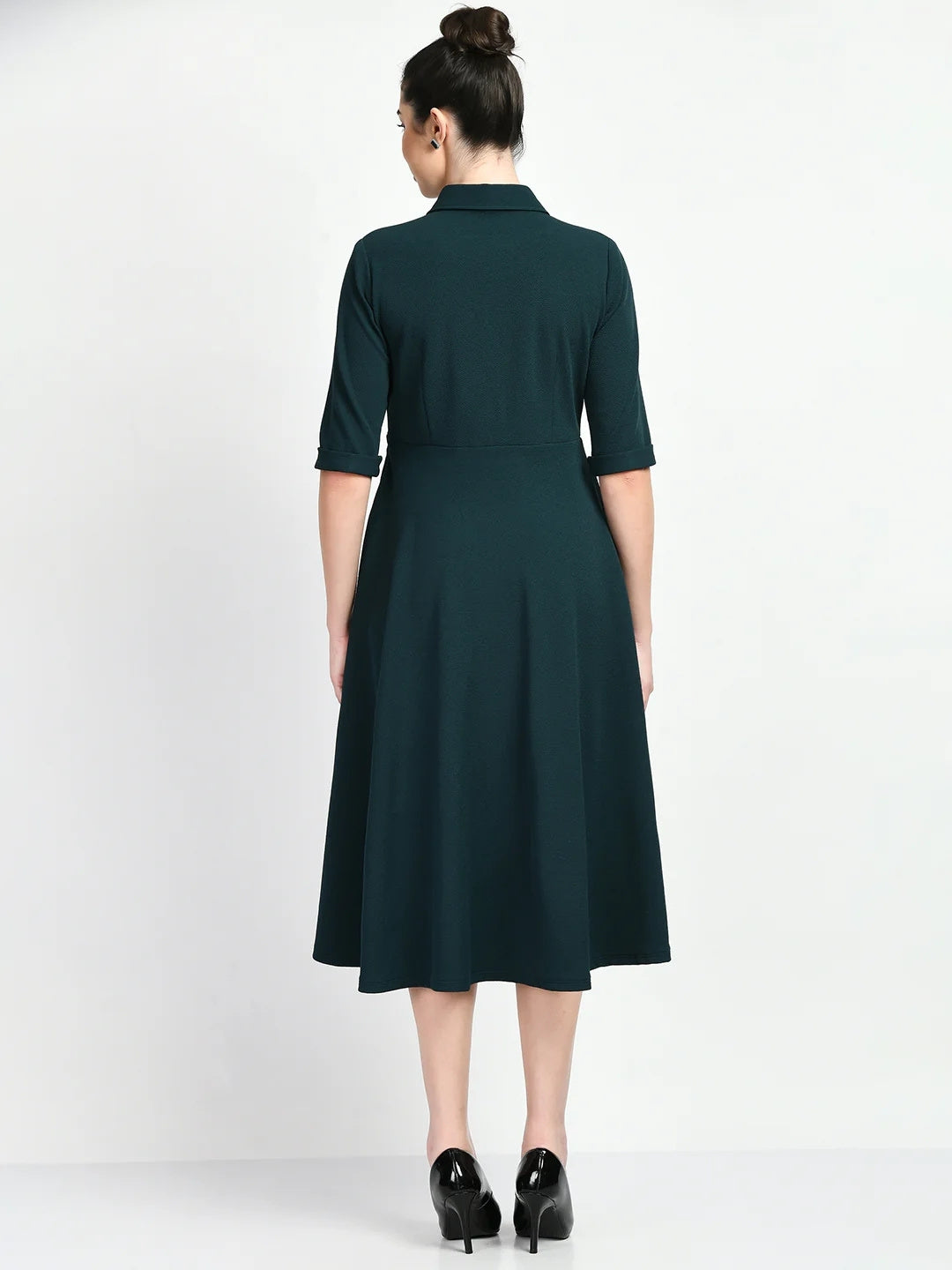Exude Serenity Fit and Flared Shirt Midi Dress Emerald Green Dresses