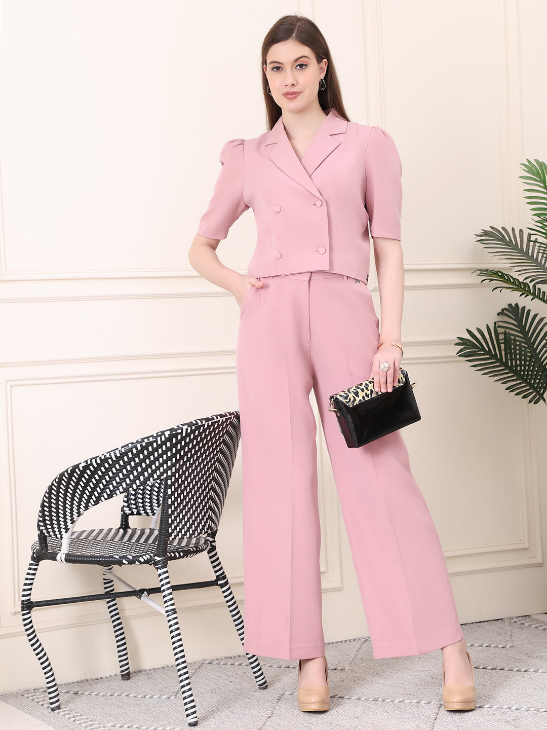 Exude Fierce & Fabulous Crop Blazer and Wide Leg Trousers Pink Trousers