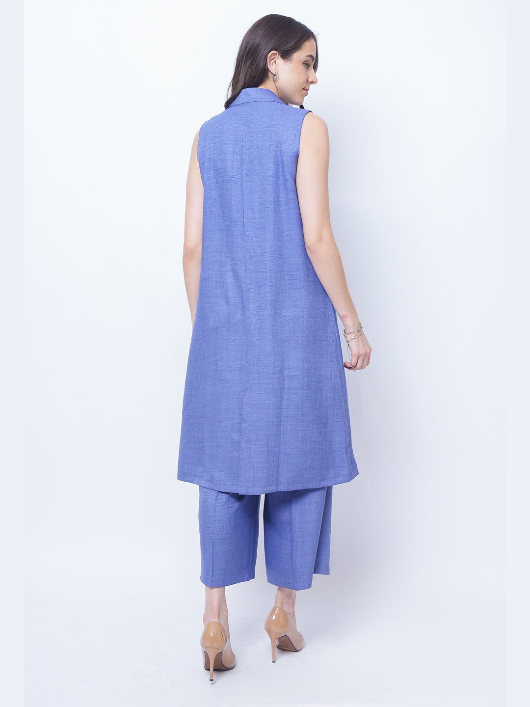 Exude Lustrous Long Jacket , Top with Wide Leg Trouser Twill Blue Co-ord Sets