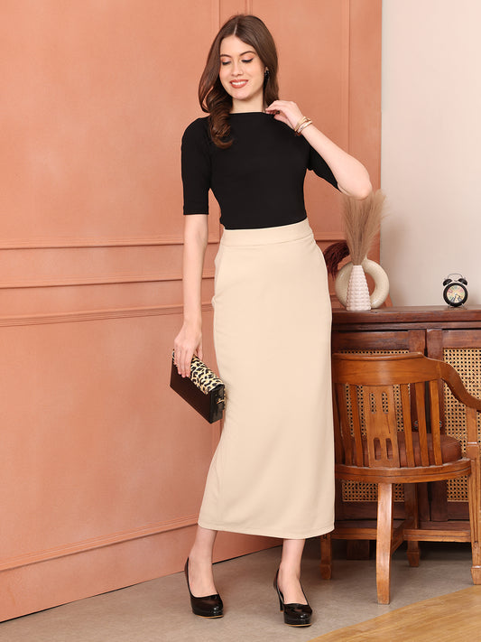 Exude Statement Piece Long Black Skirt with Side Slit (Beige)