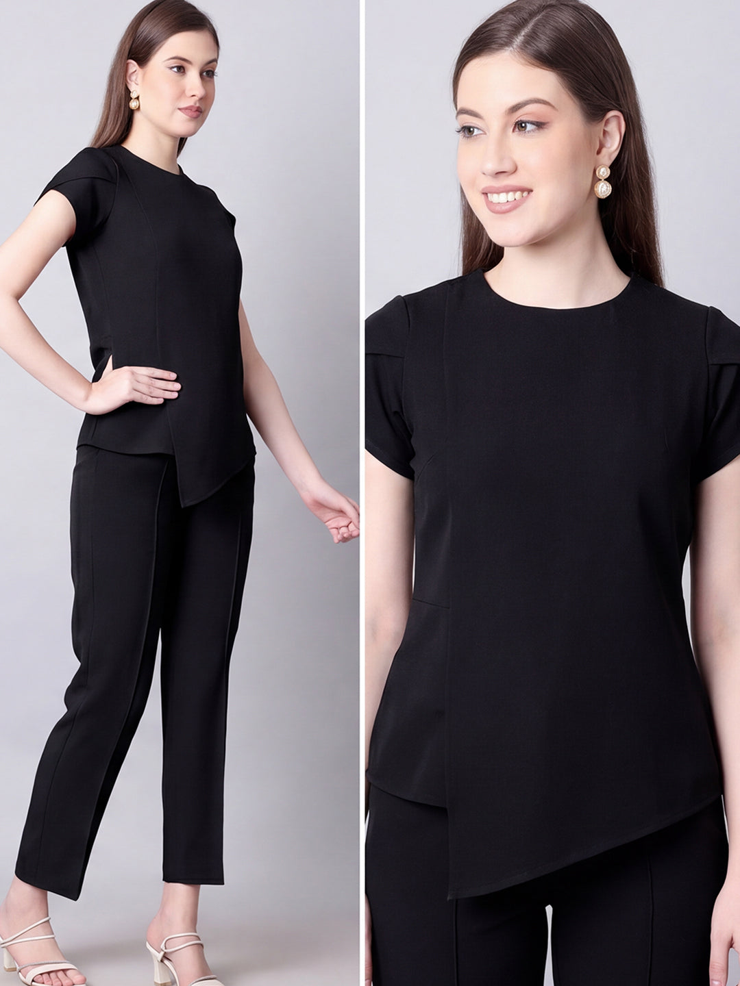 Exude Iconic Asymetrical Top with Straight Fit Trouser Co-ord (Black)