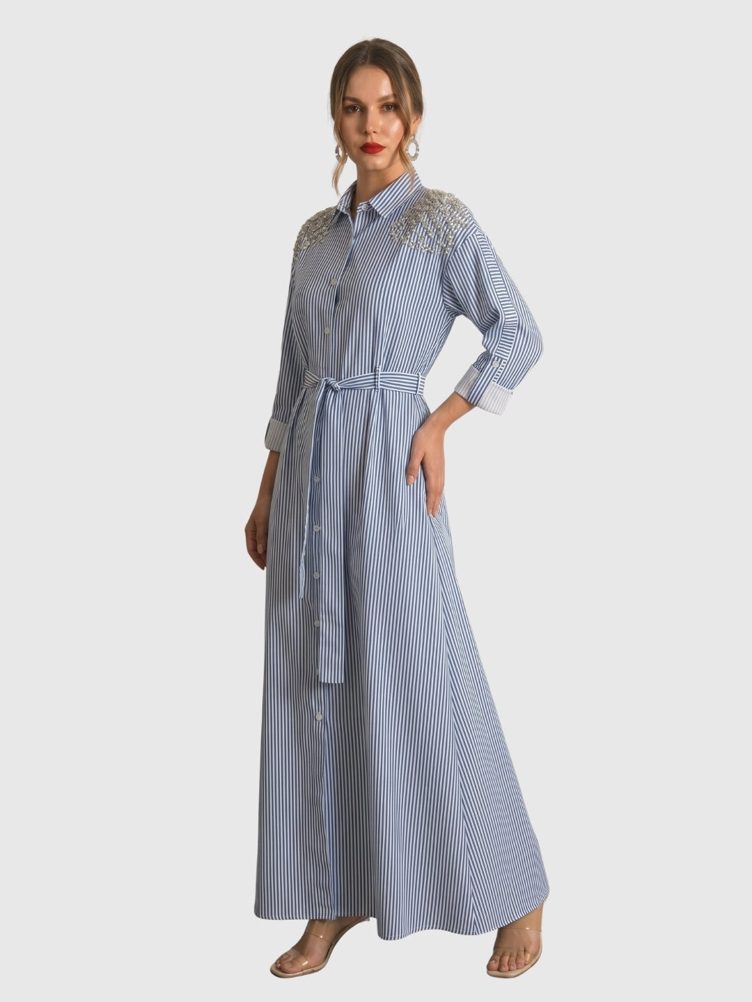 Exude Riviera Embellished Stripe Shirt Maxi Dress