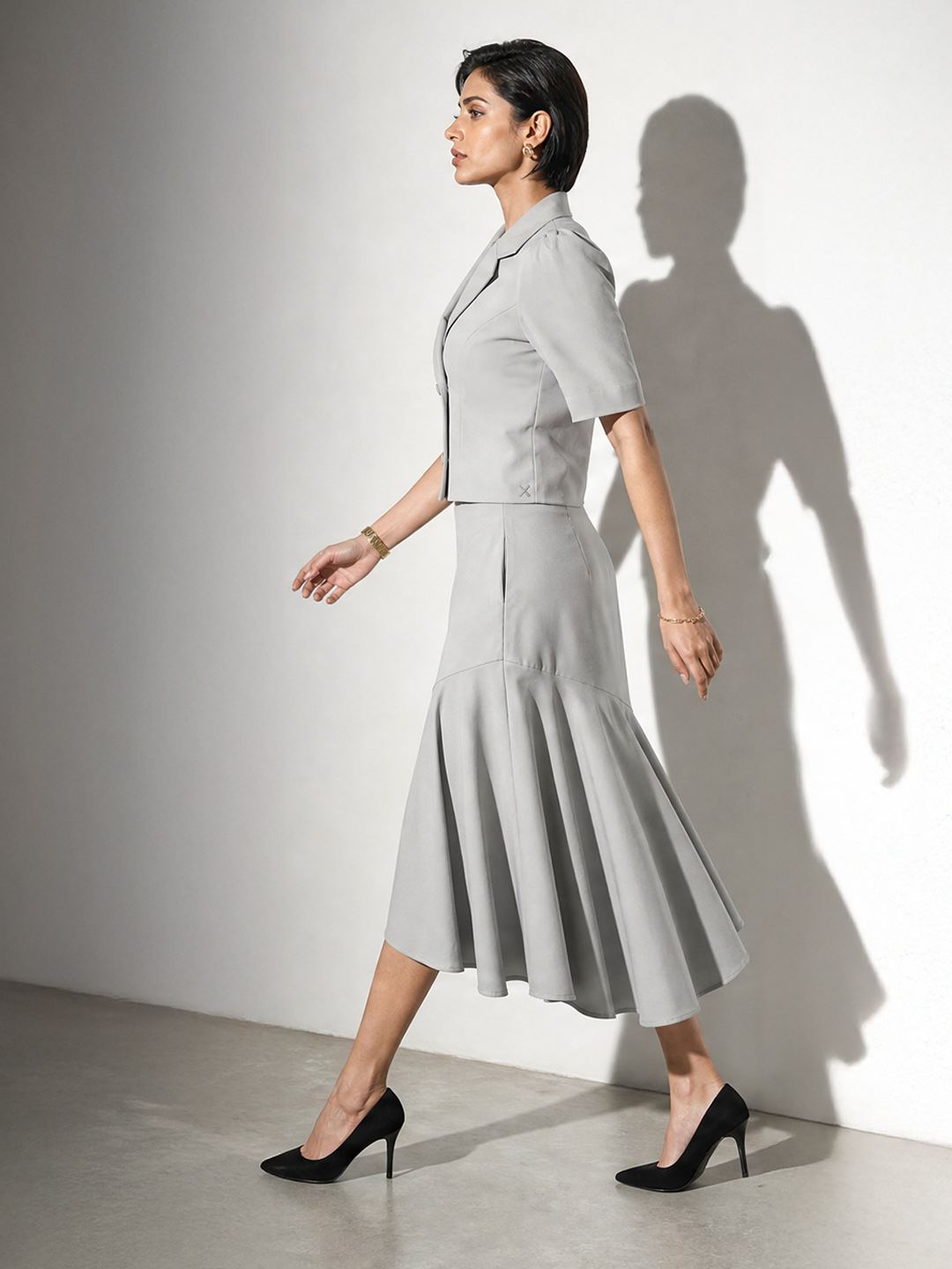 Exude Sunbeam Blazer Top with A-Symmetrical Skirt (Grey)