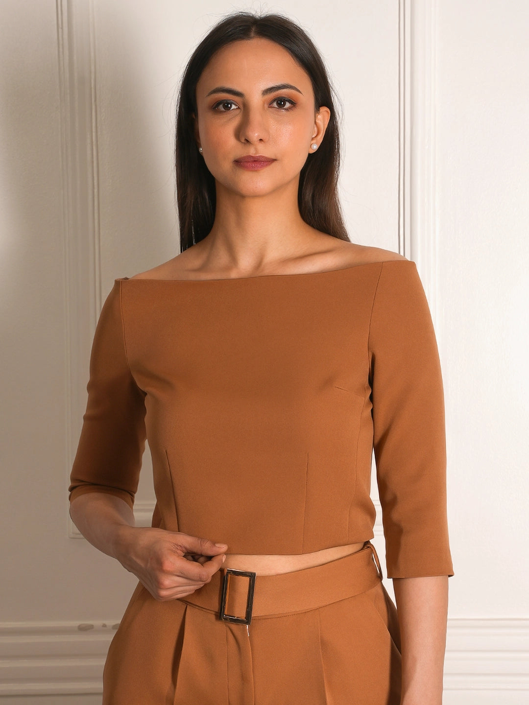 Exude Bardot Belted Wide-Leg Co-ord Set