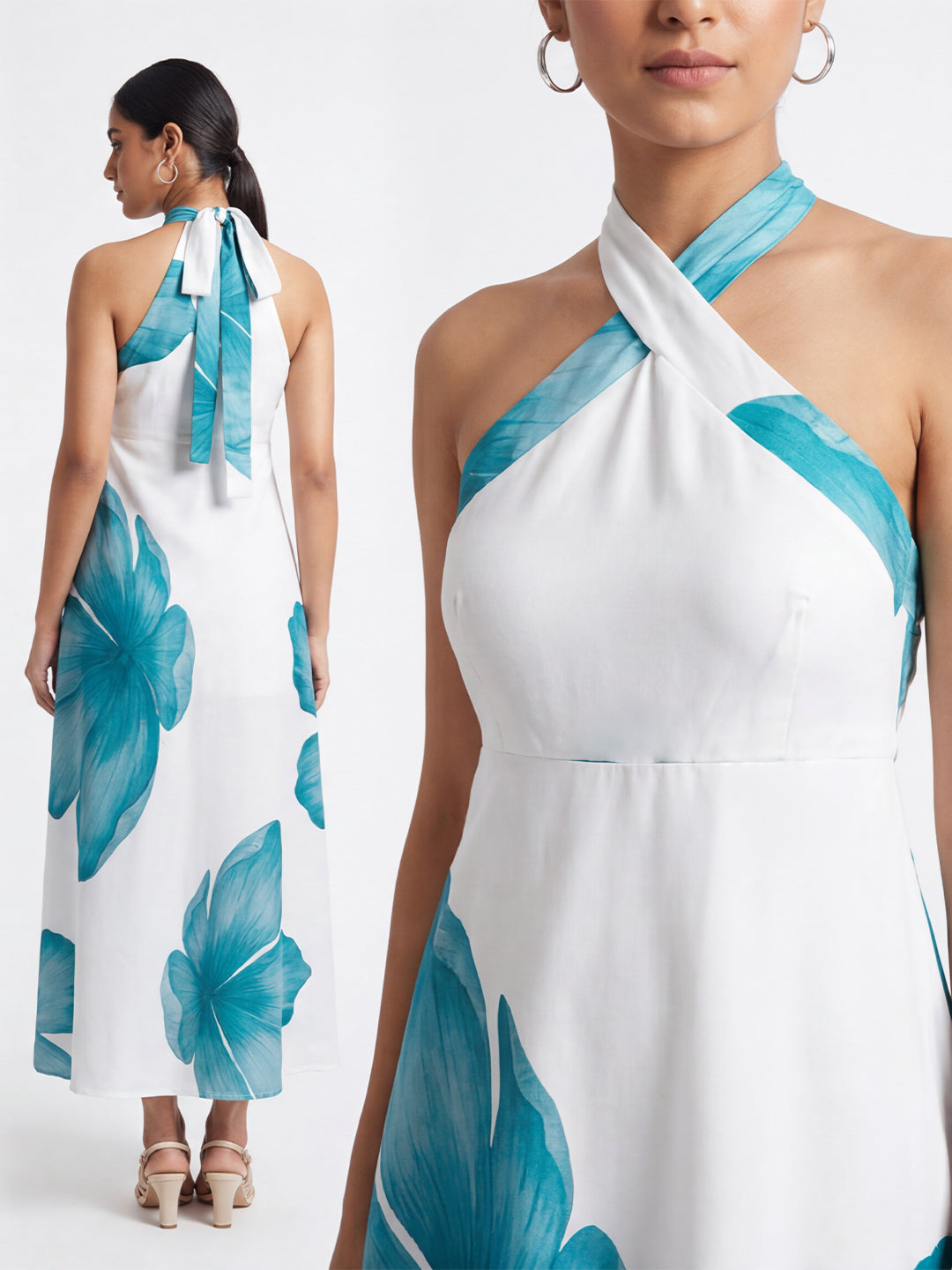 Exude Azure Bloom Cross-Halter Midi Dress