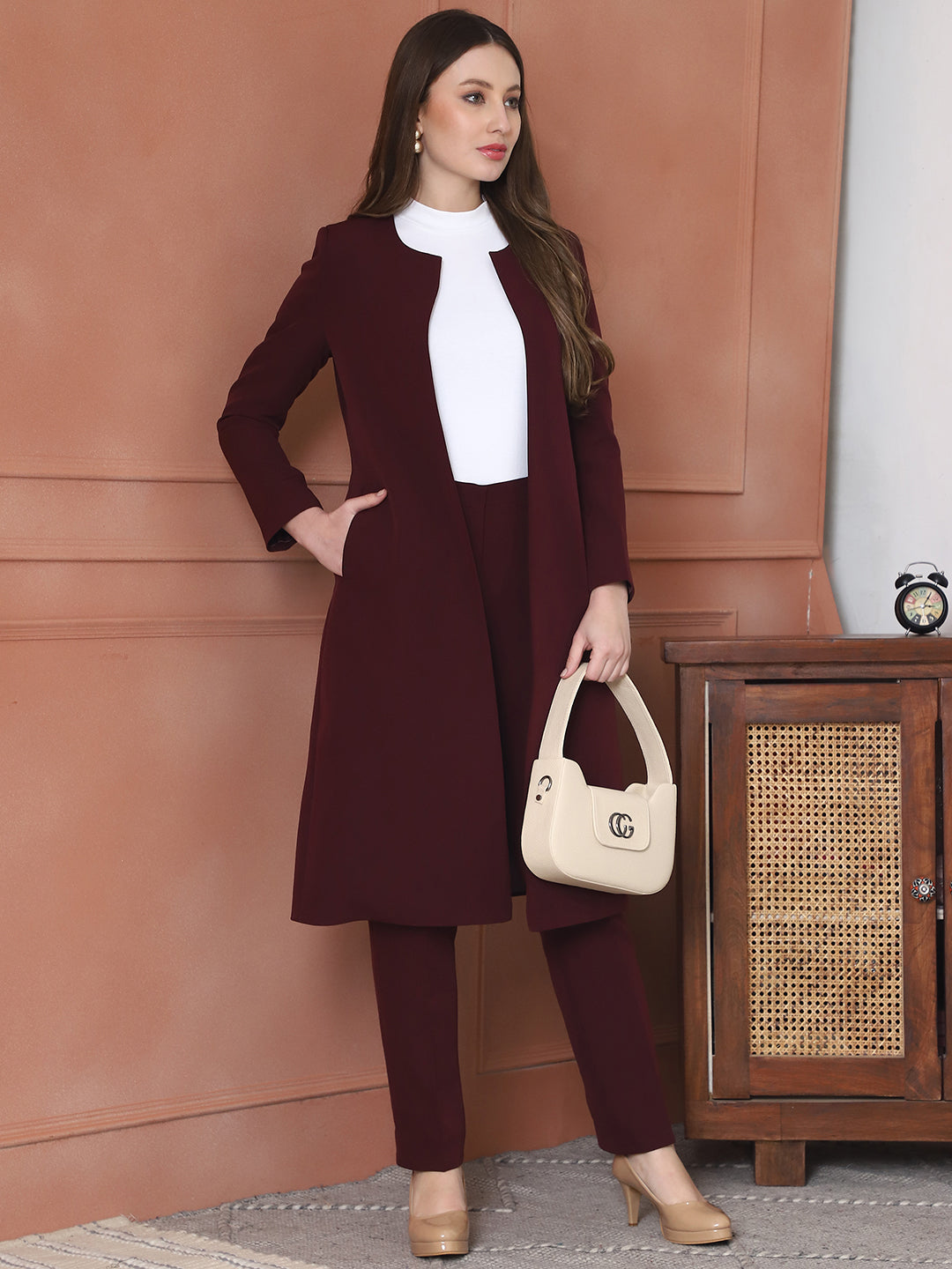 Exude Crowned Confidence Long Blazer Wine Blazers