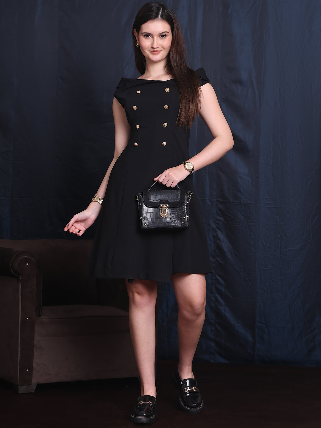 Exude Electric Elegance Black-Shoulder Collar A-line Dress