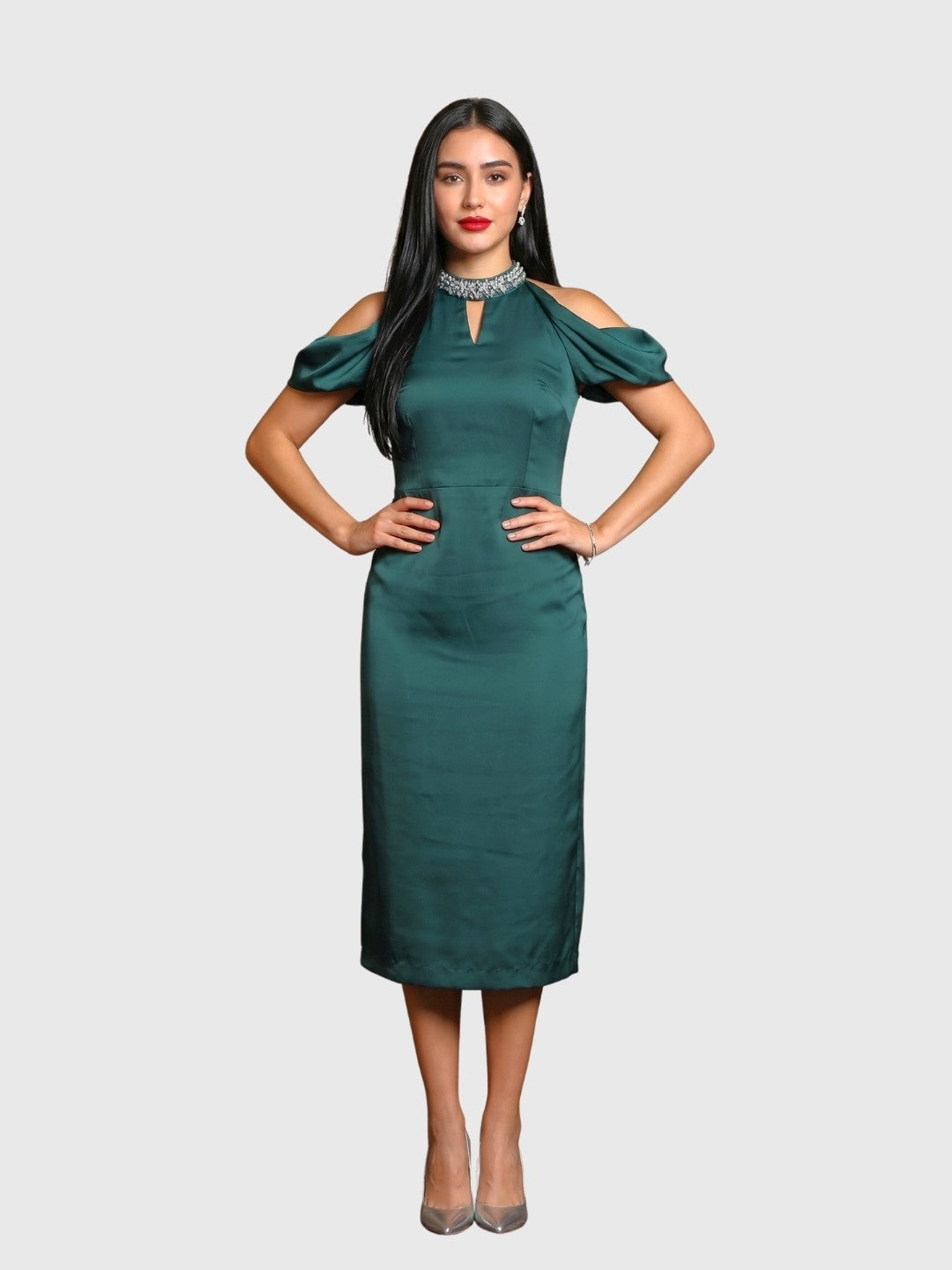 Exude Emerald Aura Cold Shoulder Satin Dress