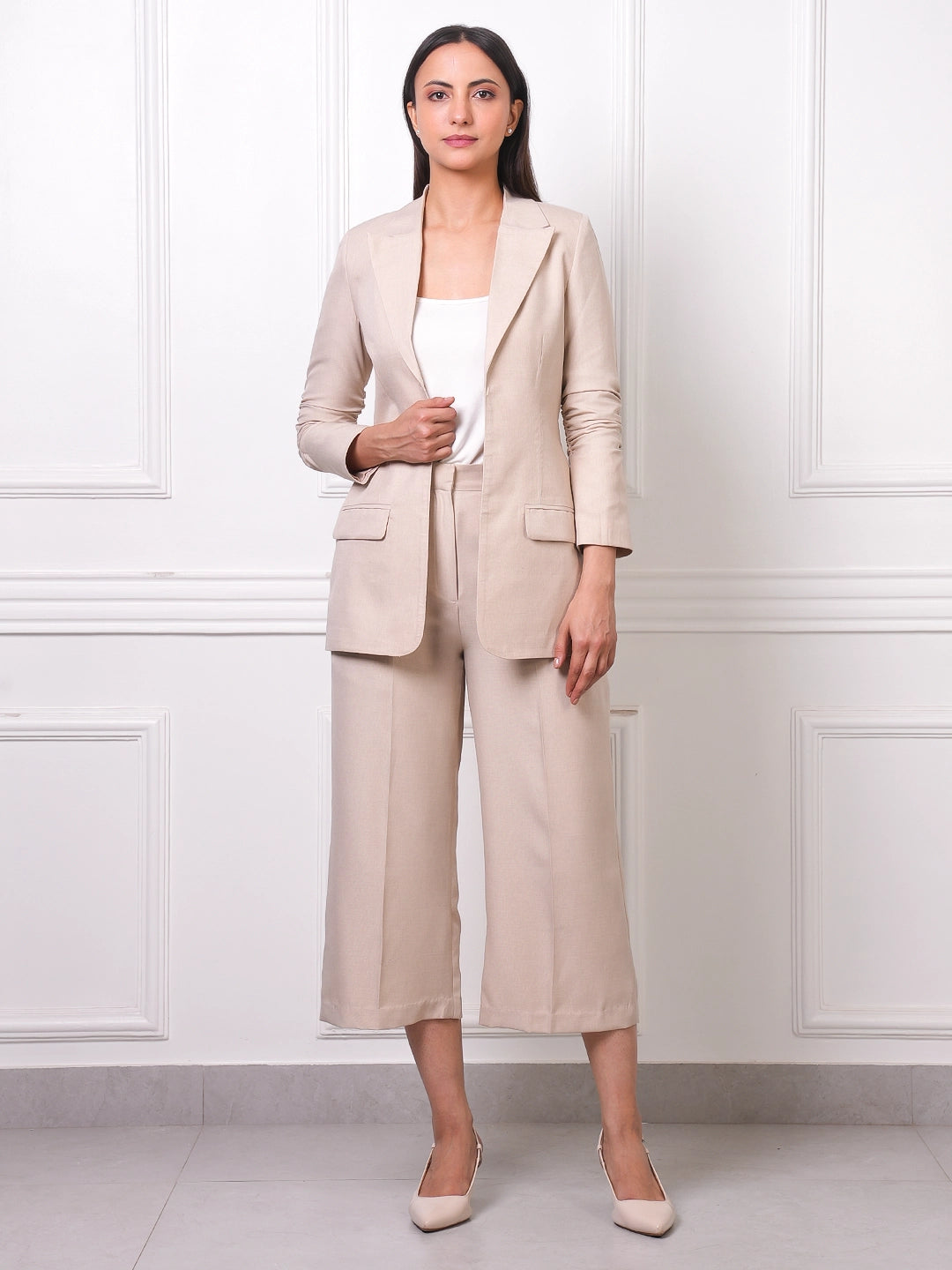 Beige Linen Blend High-Waist Pleated Culottes