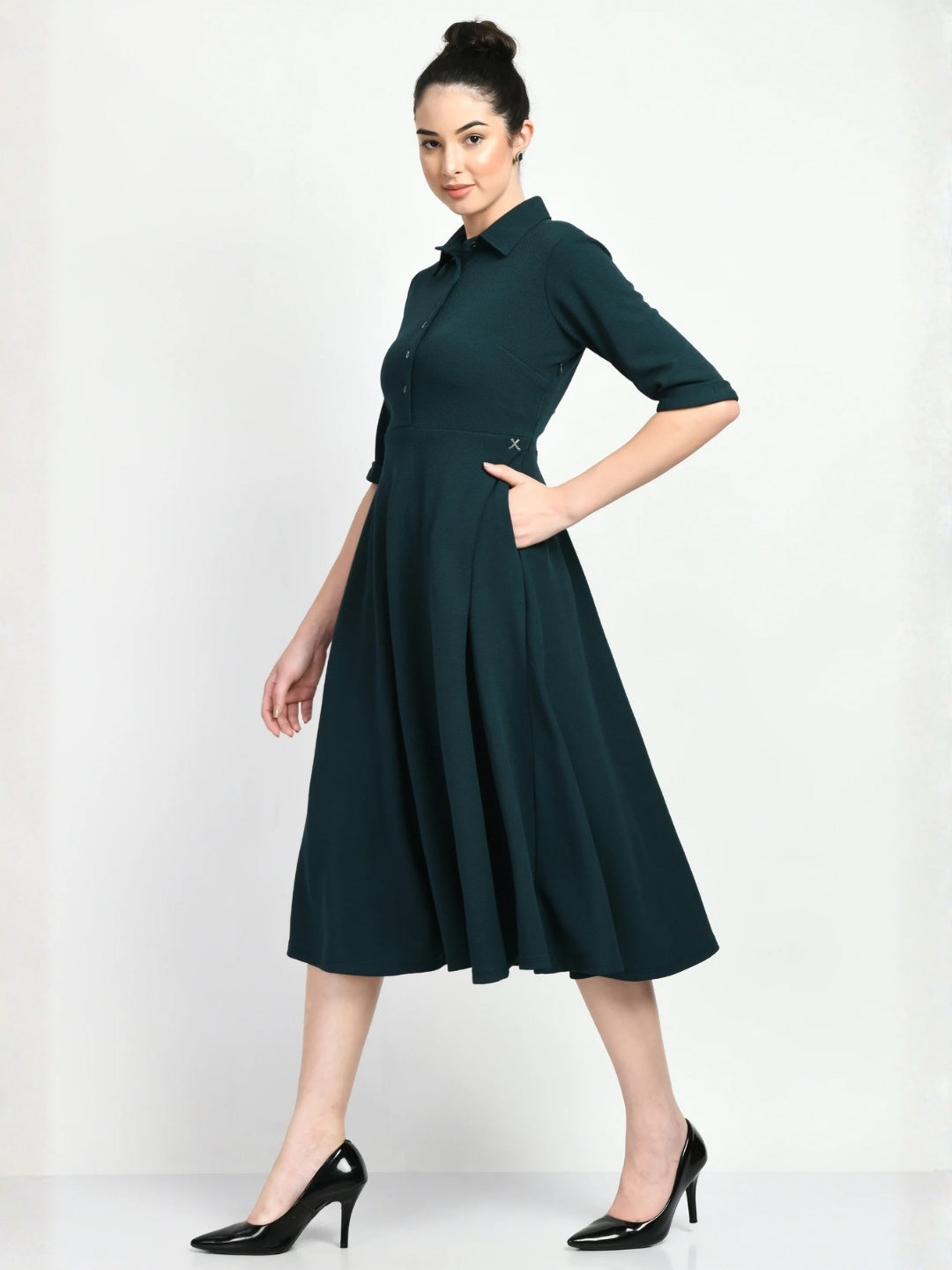 Exude Serenity Fit and Flared Shirt Midi Dress Emerald Green Dresses