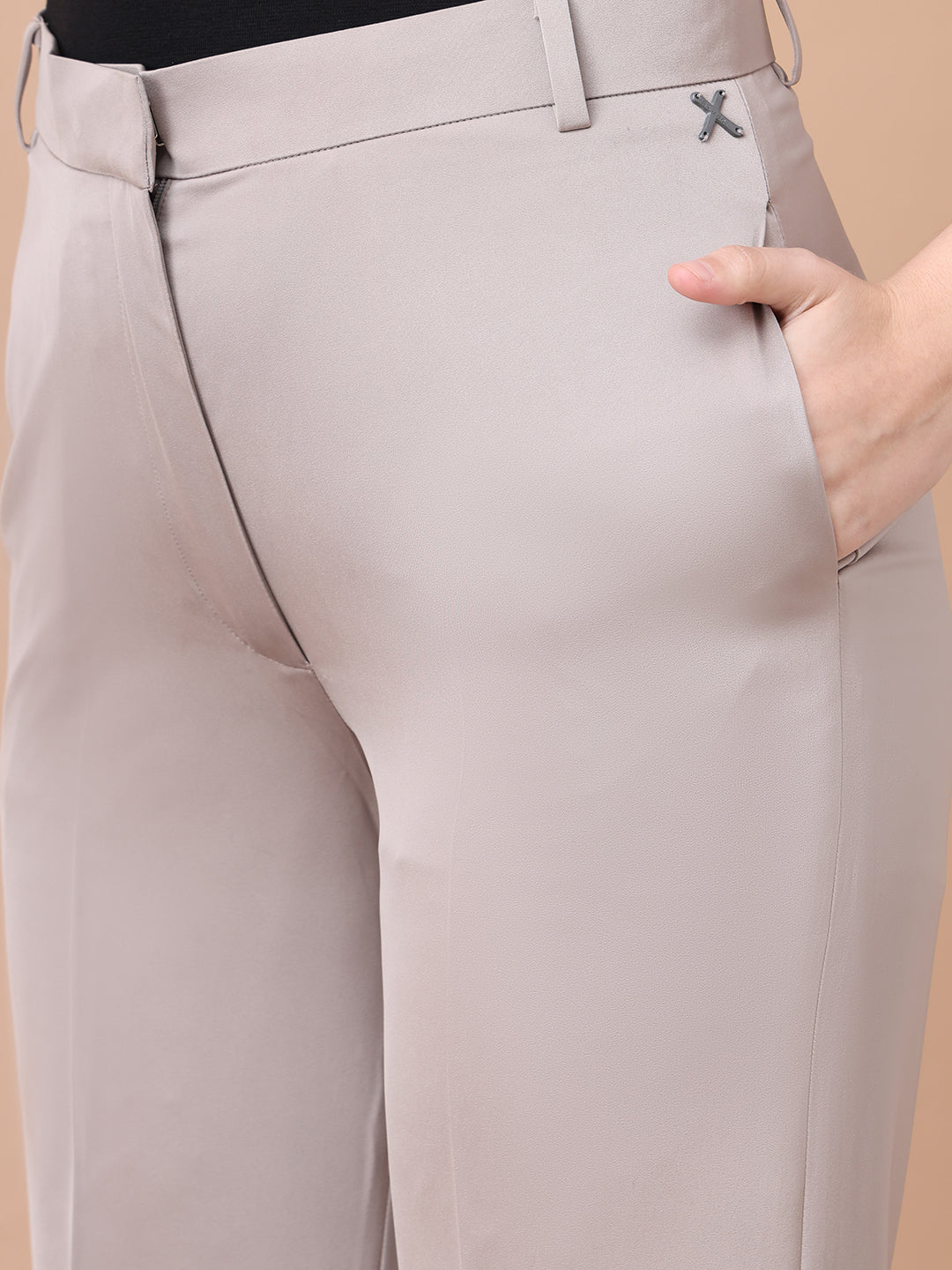 Exude Soulful Styles Straight Fit Matt Satin Trouser Light Beige Trouser