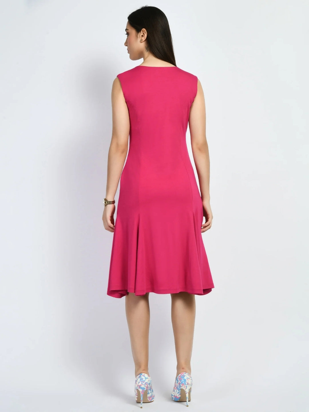 Exude Appeal Flared V-neck Dress Hot Pink Dresses