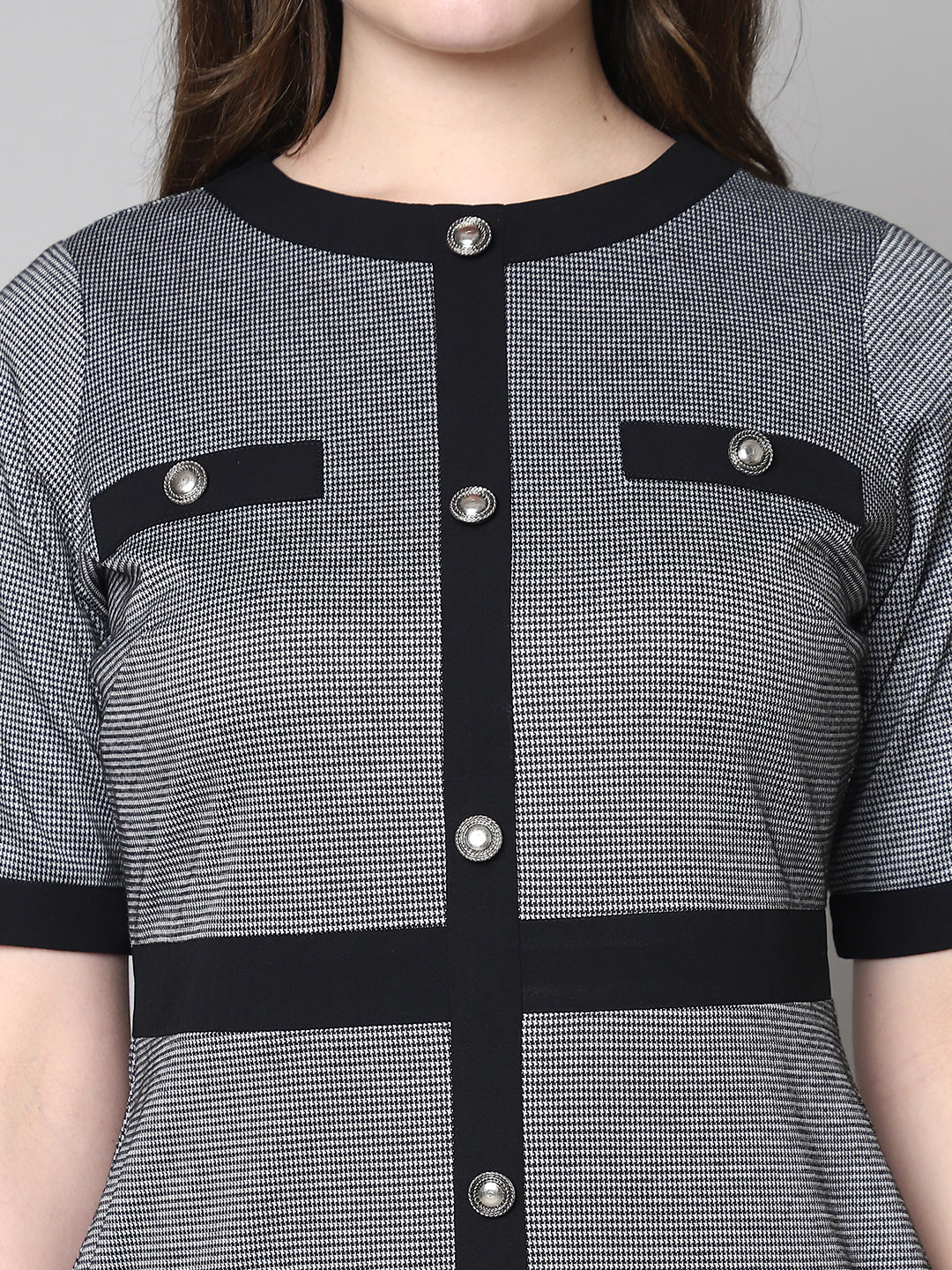 Exude In Her Power Sheath Dress with Button Detailing Black & Grey Dresses