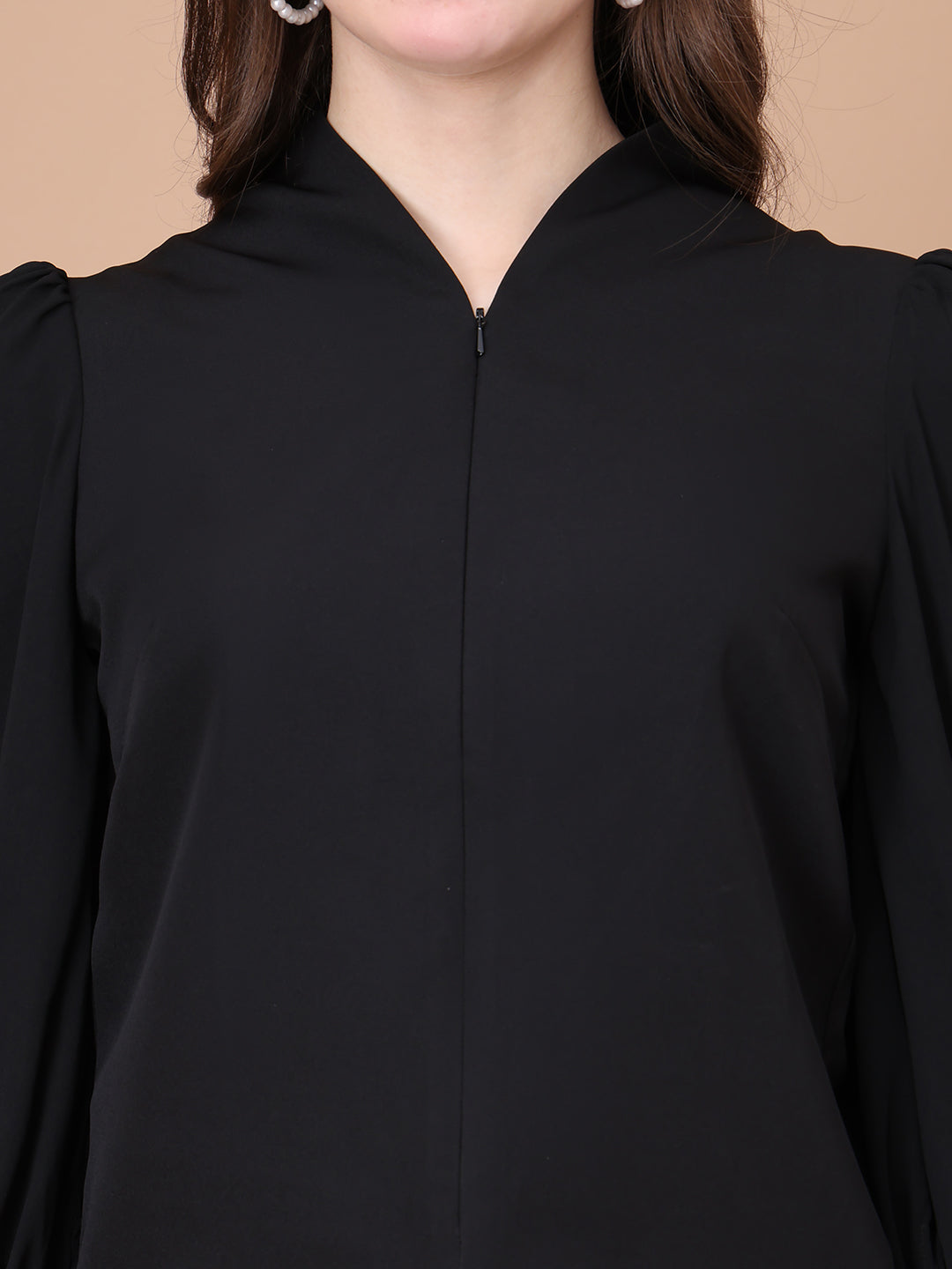 Exude Whimsical Wonders Dramatic Puff Sleeve Top with Front Zip (Black)